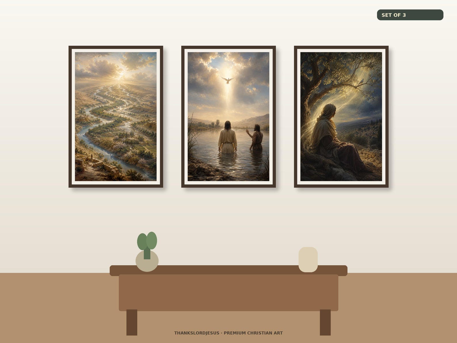 Clean airy hero mockup for Living Water Baptism and Comforter Set of 3, with all 3 coordinated Holy Spirit designs fully visible on a premium neutral wall.