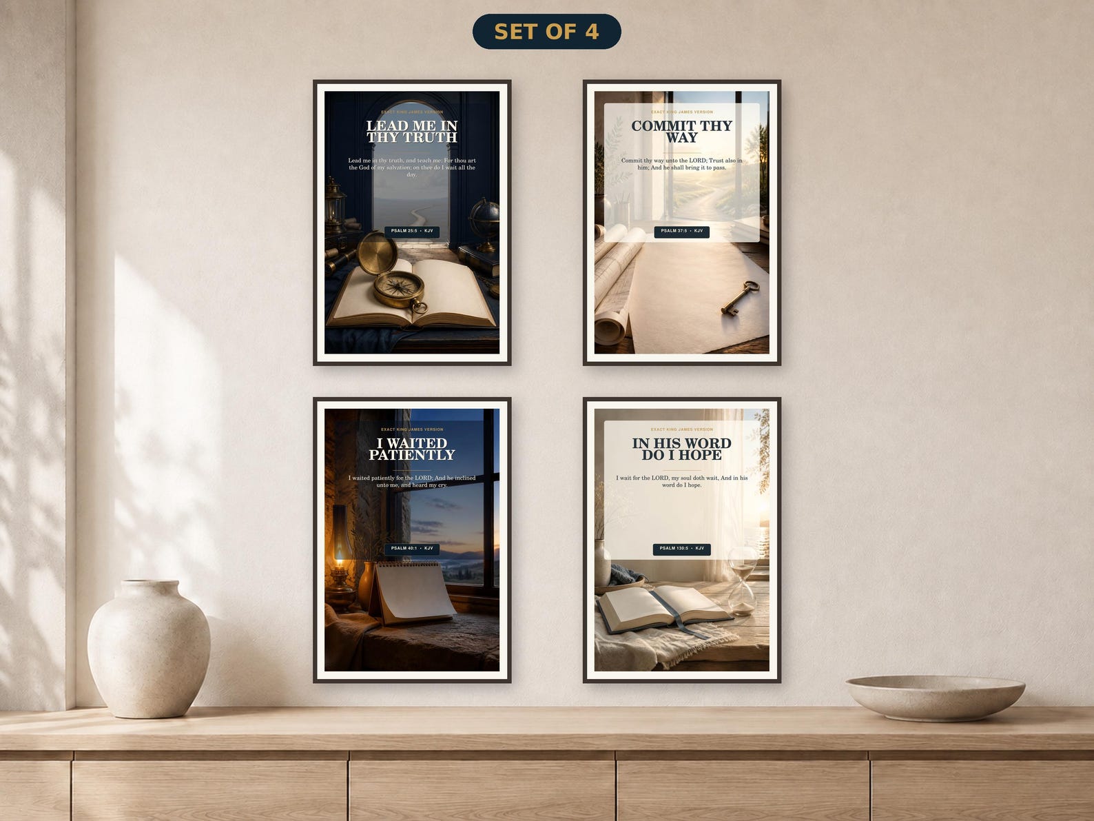 Wait and Trust Psalm Wall Art Set of 4, KJV Hope Bundle KJV wait and trust Psalm wall art set with 4 coordinated Christian printable designs