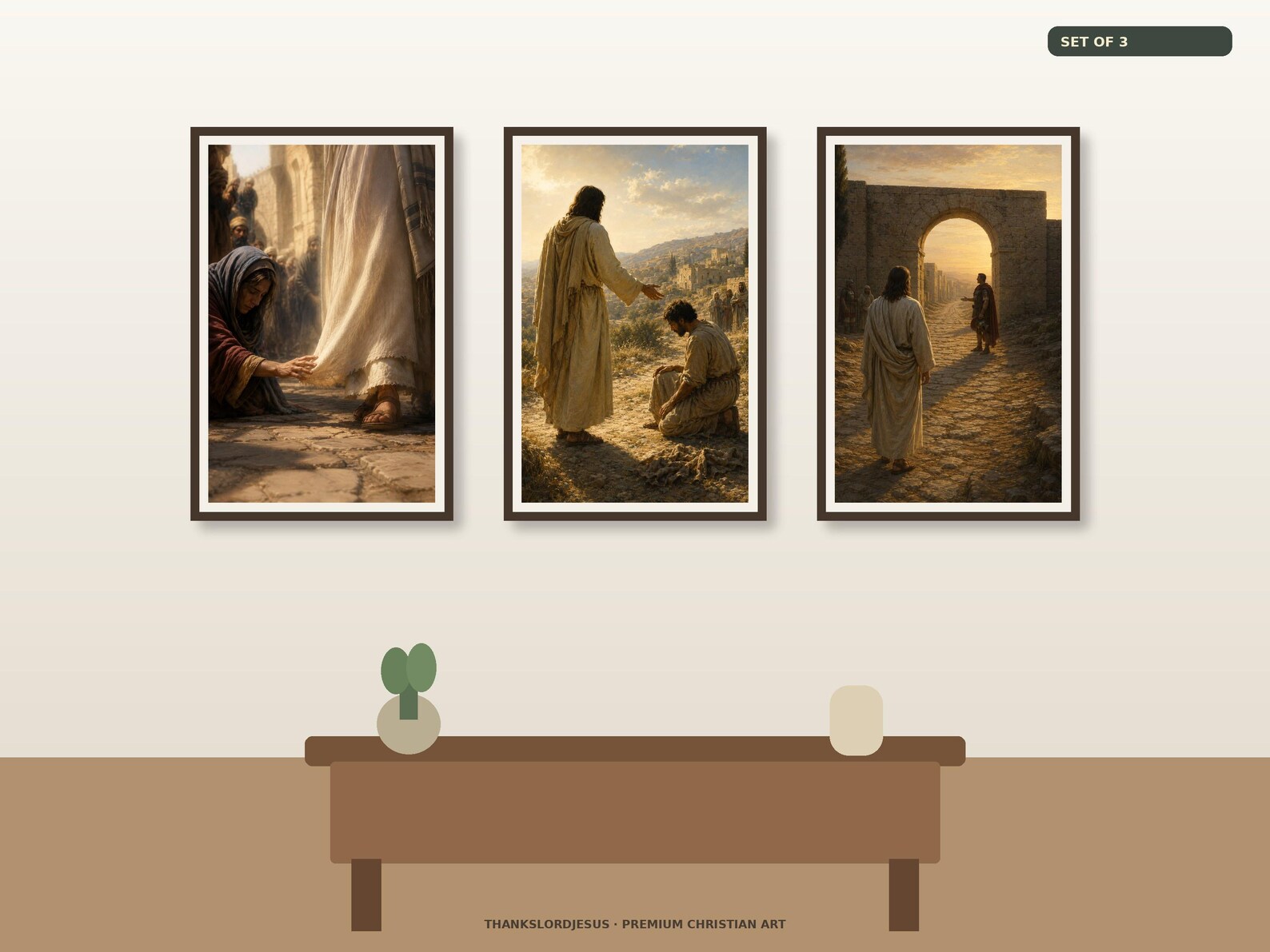 Clean airy hero gallery mockup for Faith That Reaches Jesus Set of 3, with all 3 framed designs clearly visible: garment touch, restored leper, and centurion meeting Jesus.