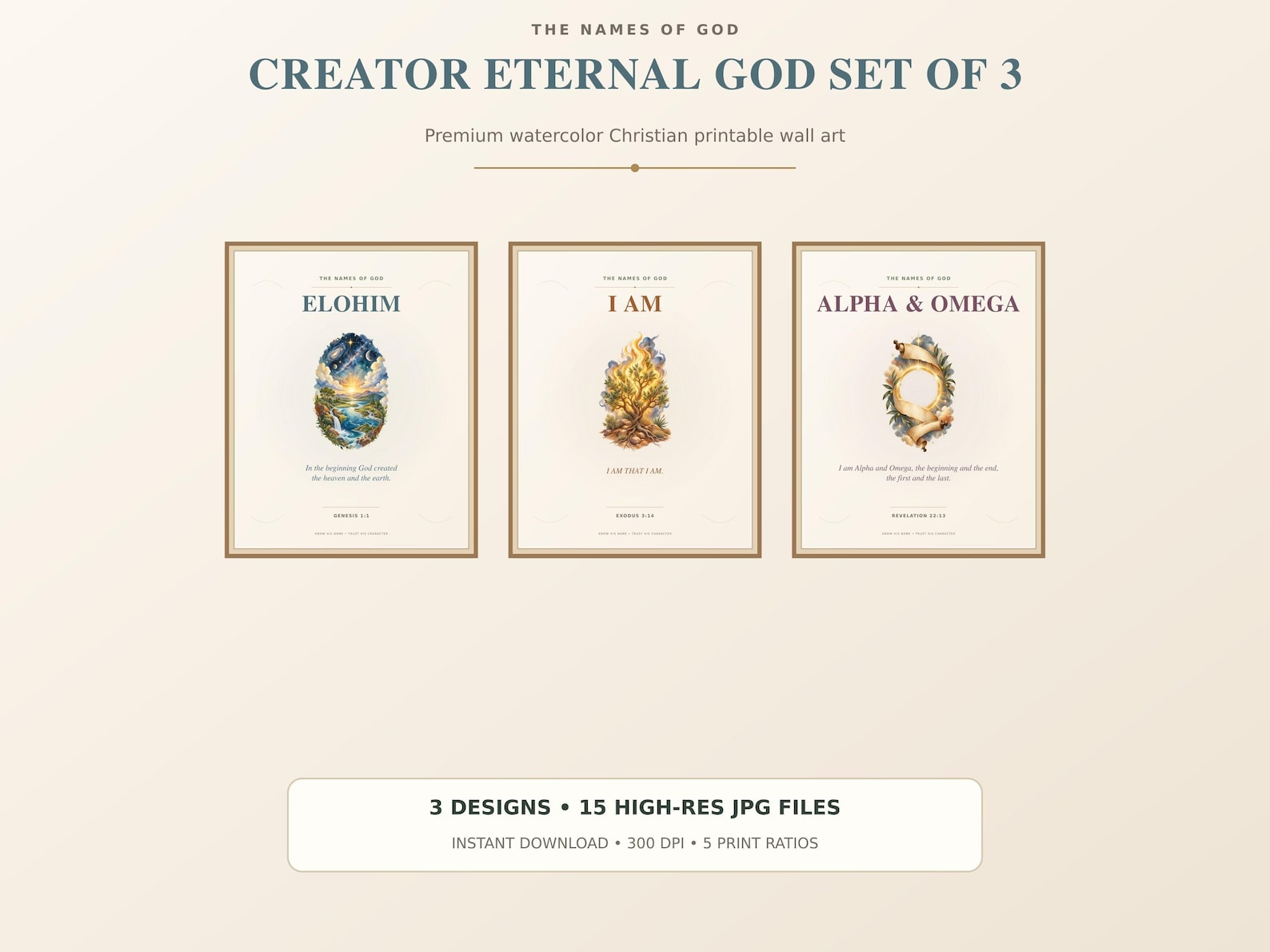 Elohim I AM Alpha and Omega Wall Art Set Christian printable wall art Elohim I AM Alpha and Omega Wall Art Set, a Christian digital printable from the Names of God collection by Thanks Lord Jesus