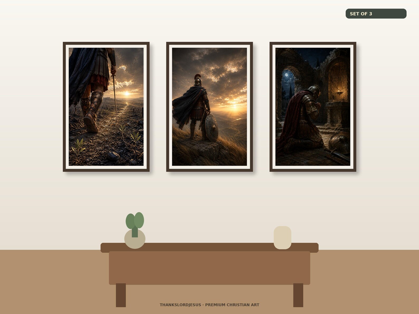 Clean airy hero gallery mockup for Stand Firm in Prayer Set of 3, with all 3 designs clearly visible as a coordinated framed Armor of God collection.