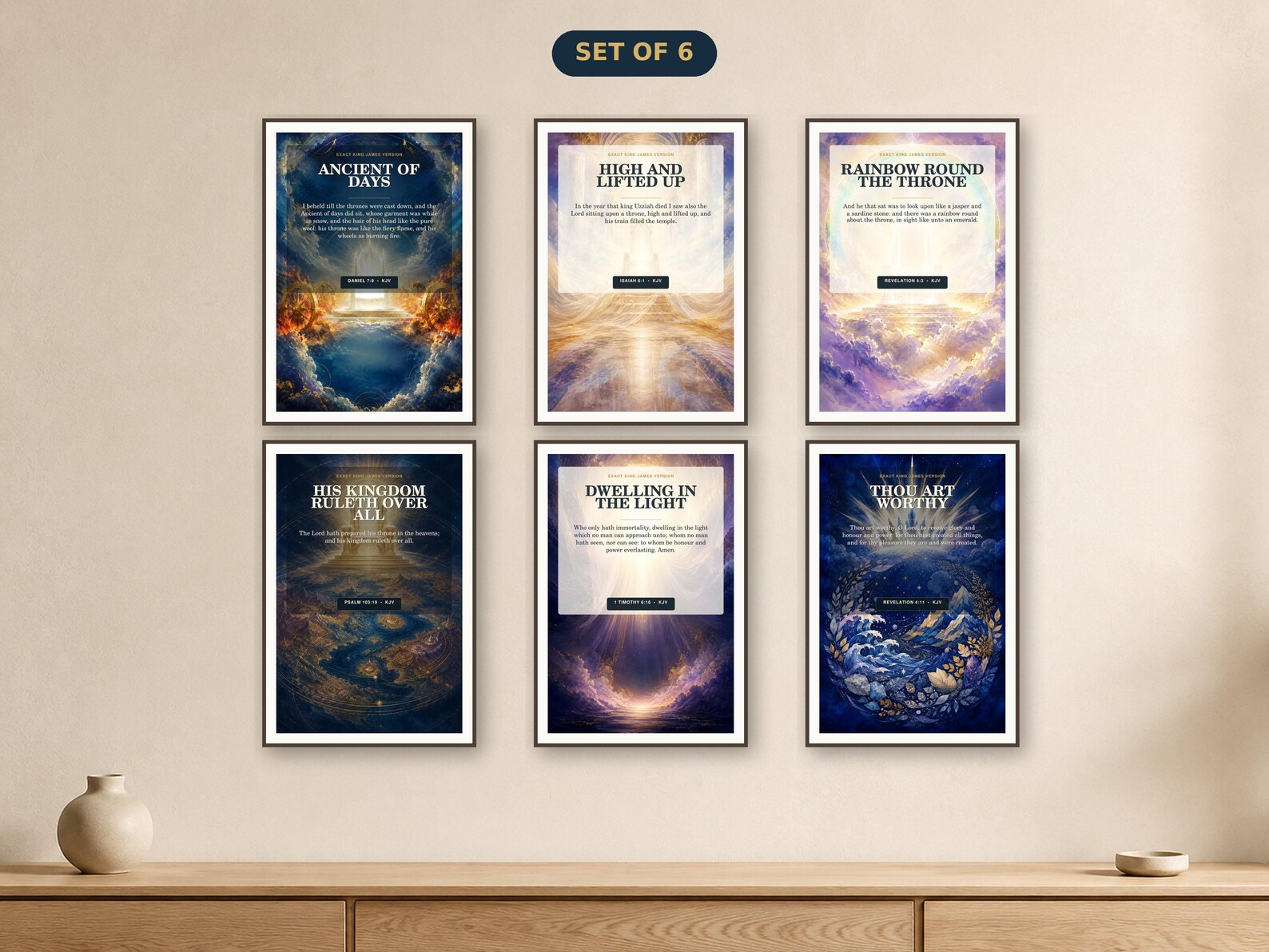 Heavenly Throne Scripture Wall Art Set of 6, God the Father KJV Bundle Daniel 7:9; Isaiah 6:1; Revelation 4:3; Psalm 103:19; 1 Timothy 6:16; Revelation 4:11 KJV Heavenly Throne Set Of Six God the Father printable with six real coordinated component designs in blue, gold, white, emerald, ruby, and soft purple, displayed as a premium worship gallery.