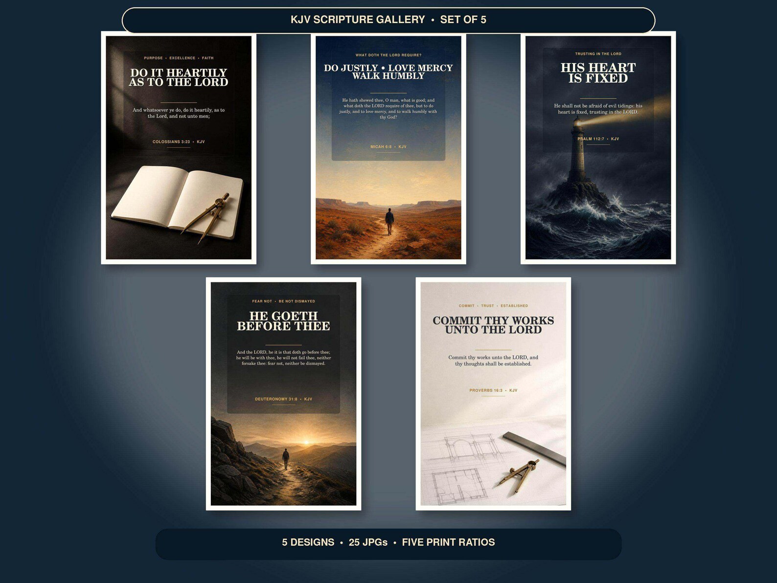 Christian Office Wall Art Set of 5, KJV Men of Faith Bundle Christian Office Wall Art Set of 5, KJV Men of Faith Bundle showing all 5 included Christian printable designs.