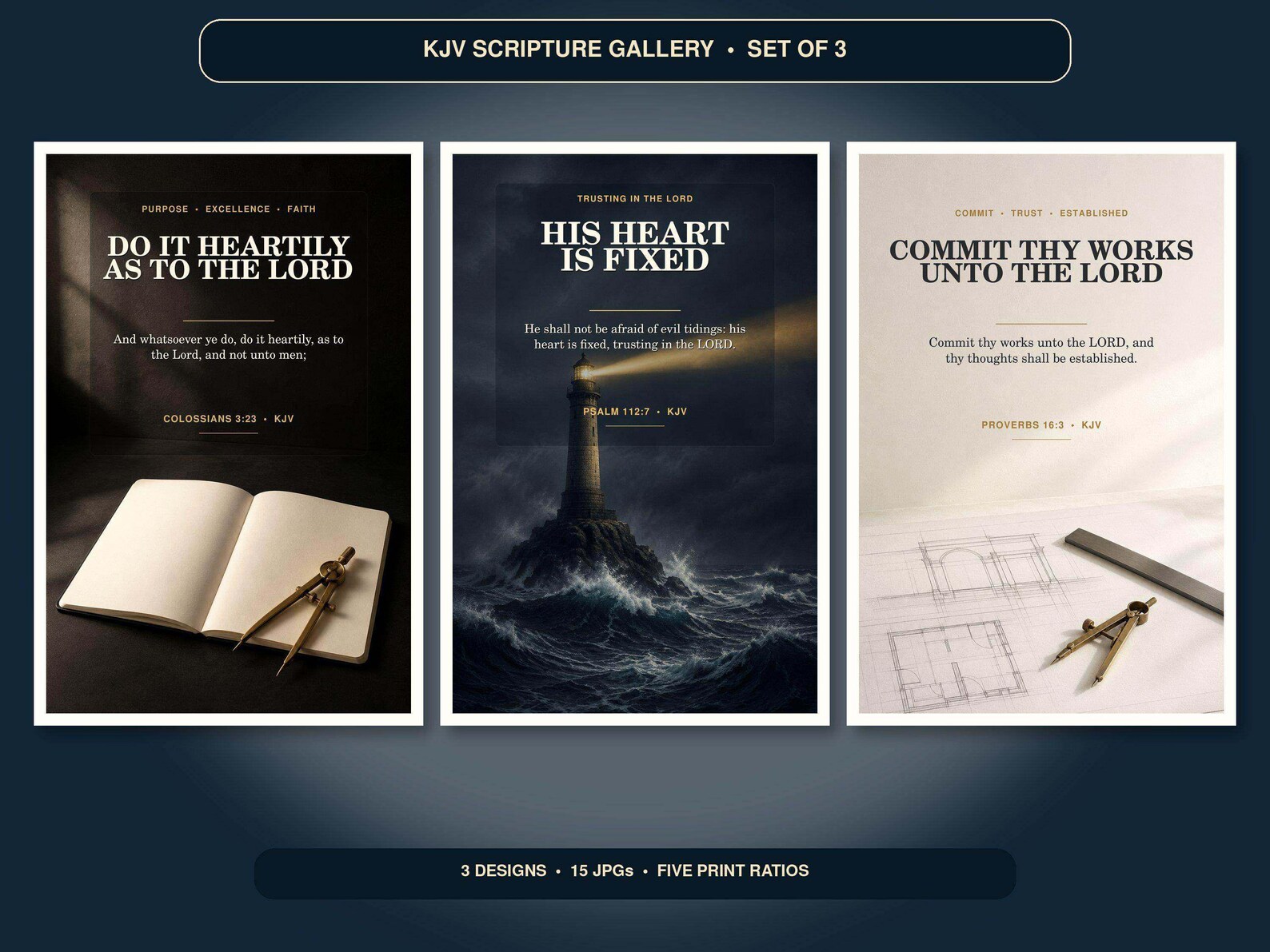 Christian Office Wall Art Set of 3, KJV Work Scripture Prints showing all 3 included Christian printable designs.