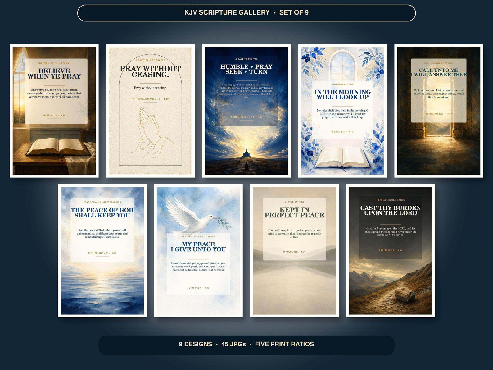 Prayer and Peace Wall Art Set of 9, KJV Scripture Bundle showing all 9 included Christian printable designs.
