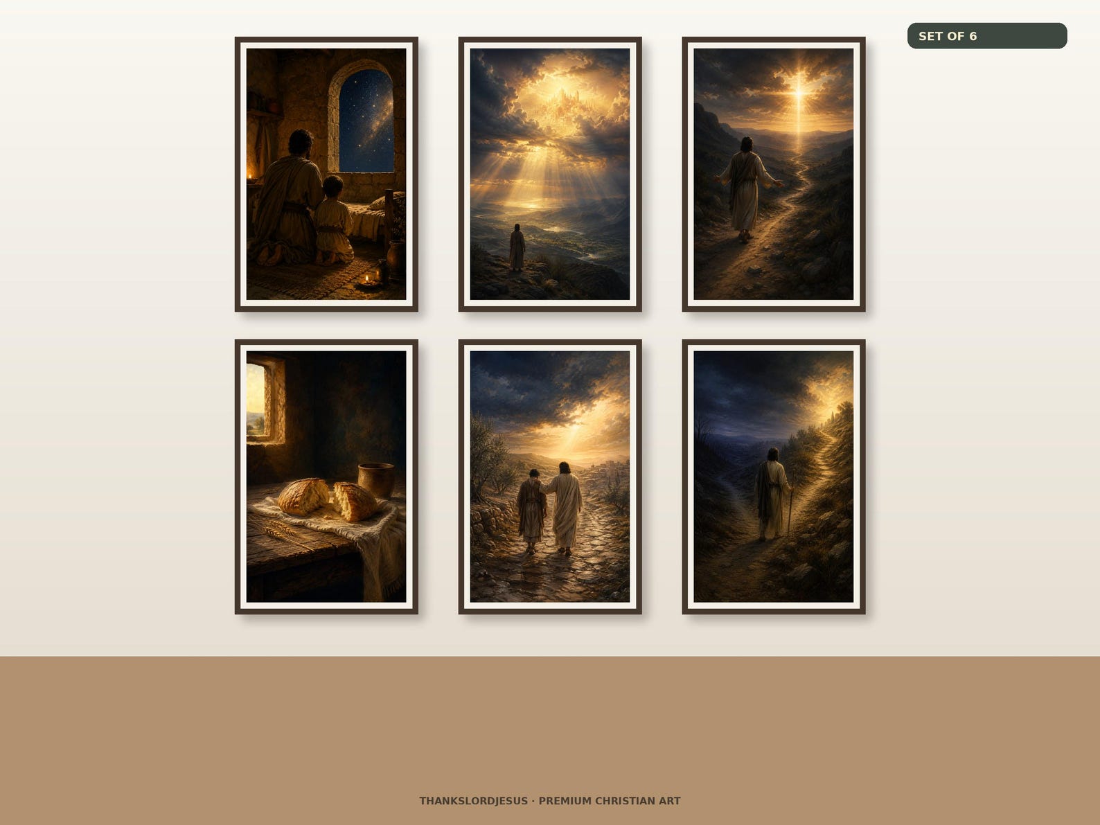 Clean airy hero mockup for The Lord's Prayer Premium Set of 6, with all 6 coordinated prayer designs fully visible on a premium neutral wall.