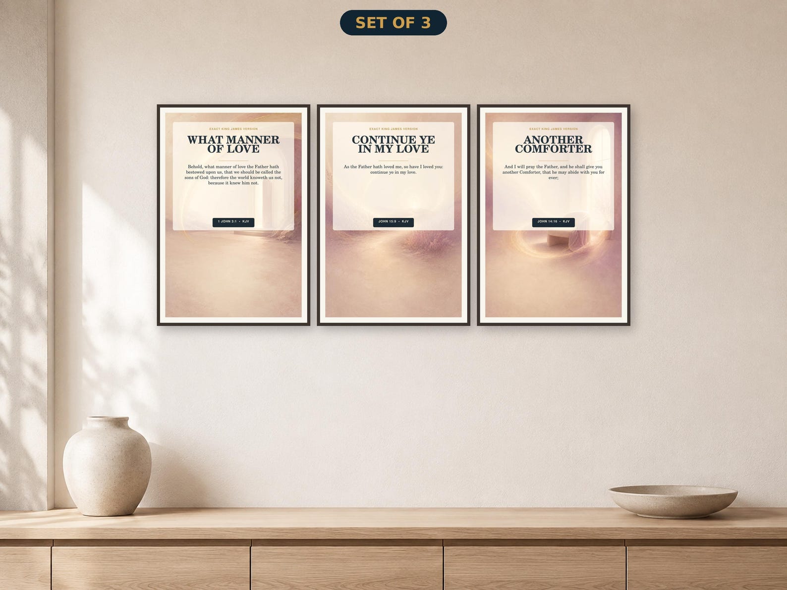 Love Grace and Comfort Father Son Holy Spirit wall art set of three coordinated exact-KJV printable designs.