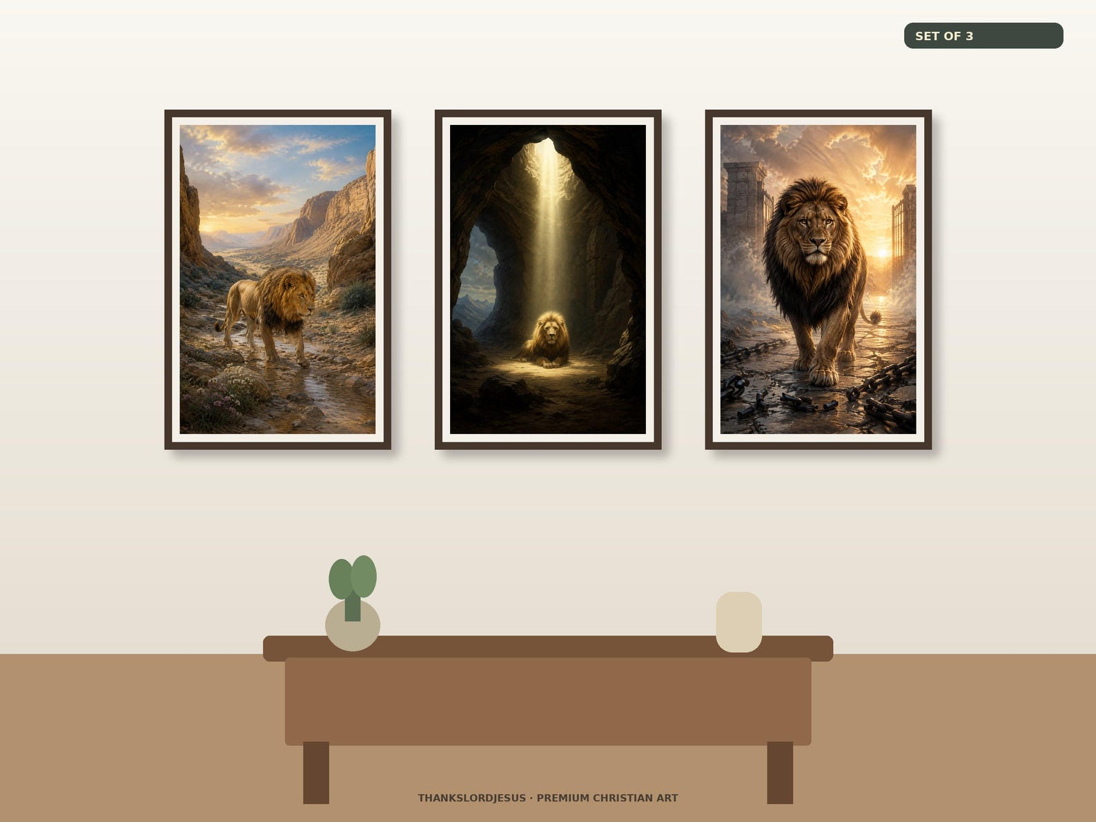 Neutral hero mockup for Lion of Judah Wilderness Light and Victory Set of 3, with all 3 coordinated prophetic lion artworks visible as the main focus.