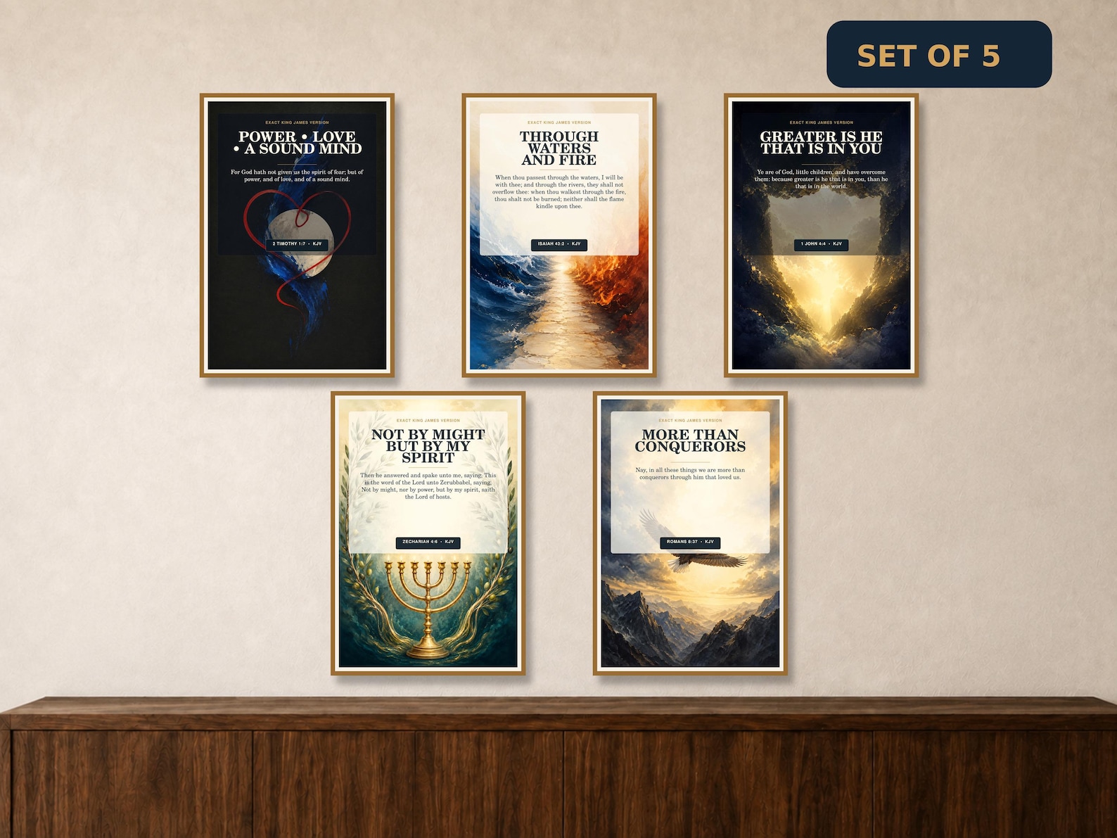 Christian Courage Wall Art Set of 5, KJV Spiritual Warfare Printable Bundle Set of five KJV Christian courage and spiritual warfare printable wall art designs.