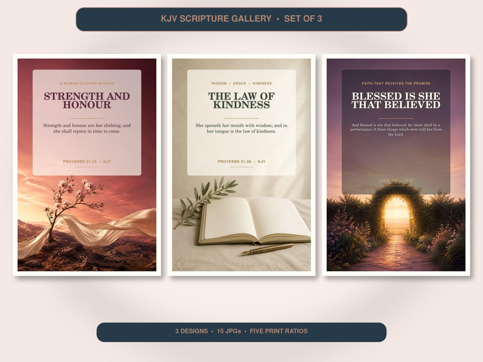 Women of Faith Wall Art Set of 3, KJV Scripture Prints Women of Faith Wall Art Set of 3, KJV Scripture Prints showing all 3 included Christian printable designs.