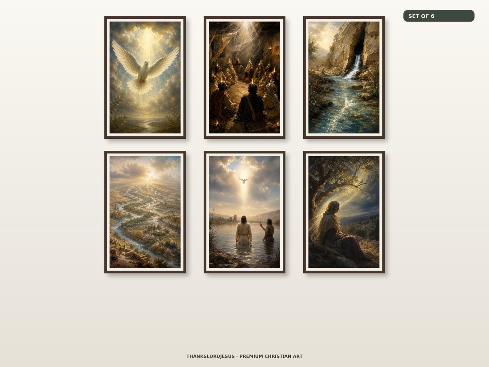 Clean airy hero mockup for Holy Spirit Presence Premium Set of 6, with all 6 coordinated Holy Spirit designs fully visible on a premium neutral wall.