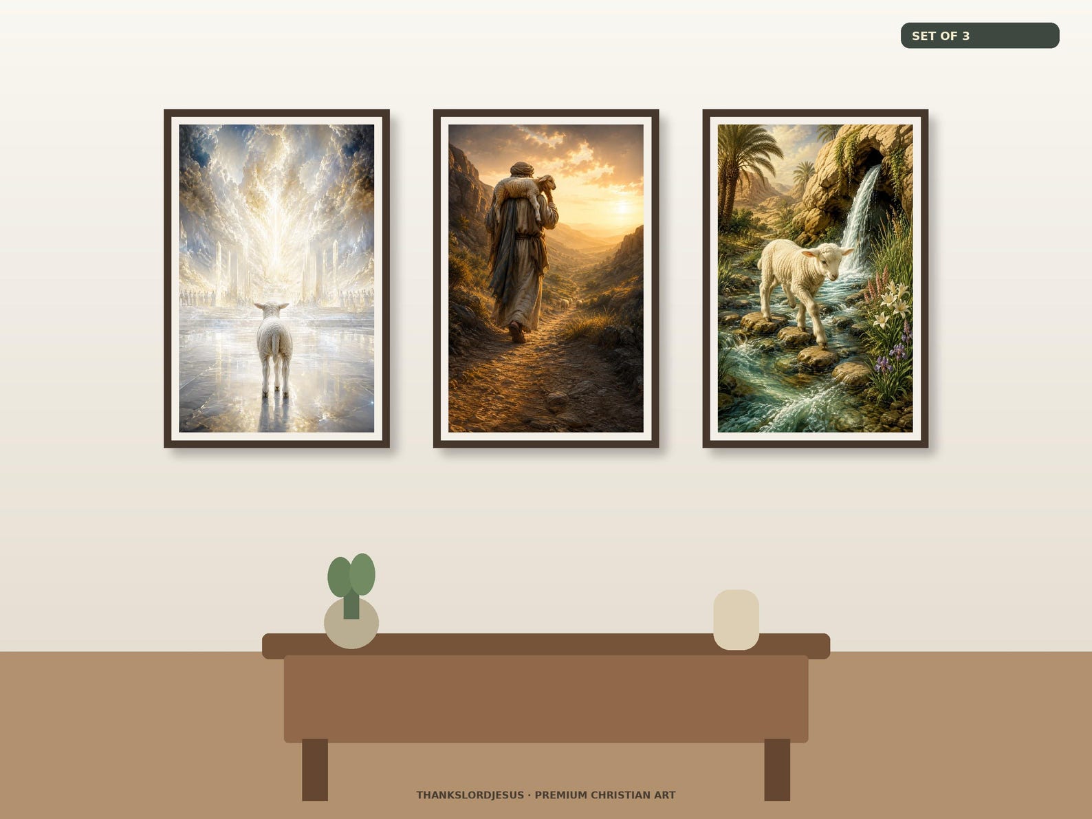 Neutral hero mockup for Throne Shepherd and Living Water Set of 3, with all 3 coordinated Lamb of God artworks visible as the main focus.