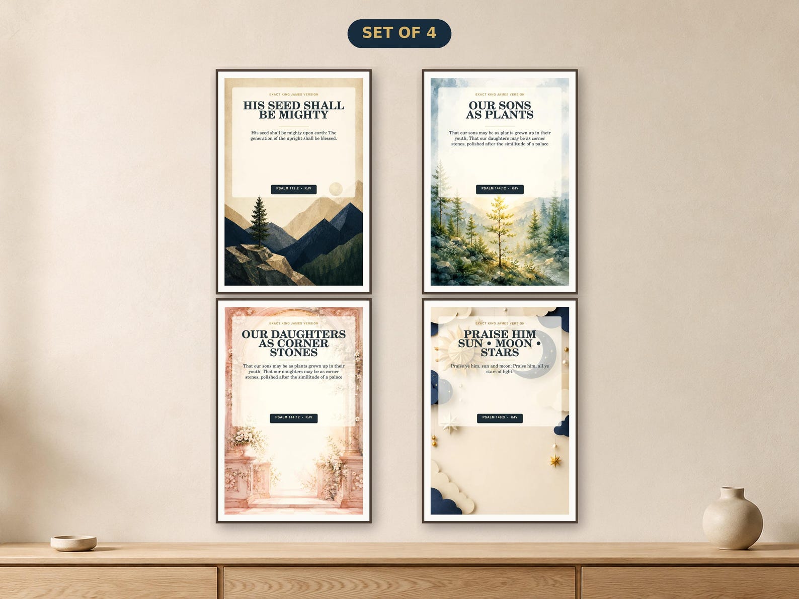 Sons & Daughters • Set of 4 KJV Christian nursery wall art set of four using the actual component designs.