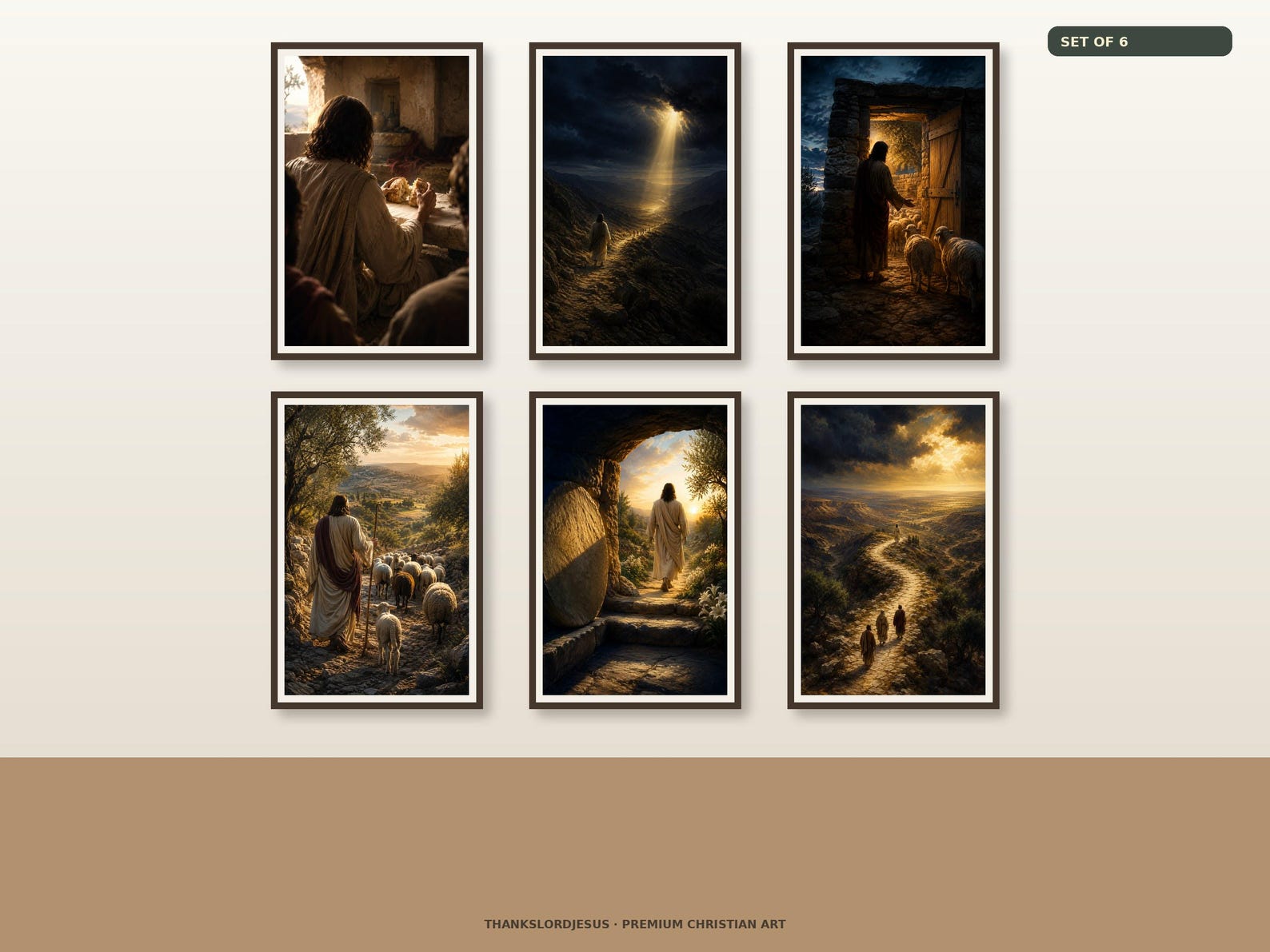Clean airy hero gallery mockup for Seven I AM Essential Set of 6, with all 6 framed designs clearly visible in a spacious premium wall arrangement.