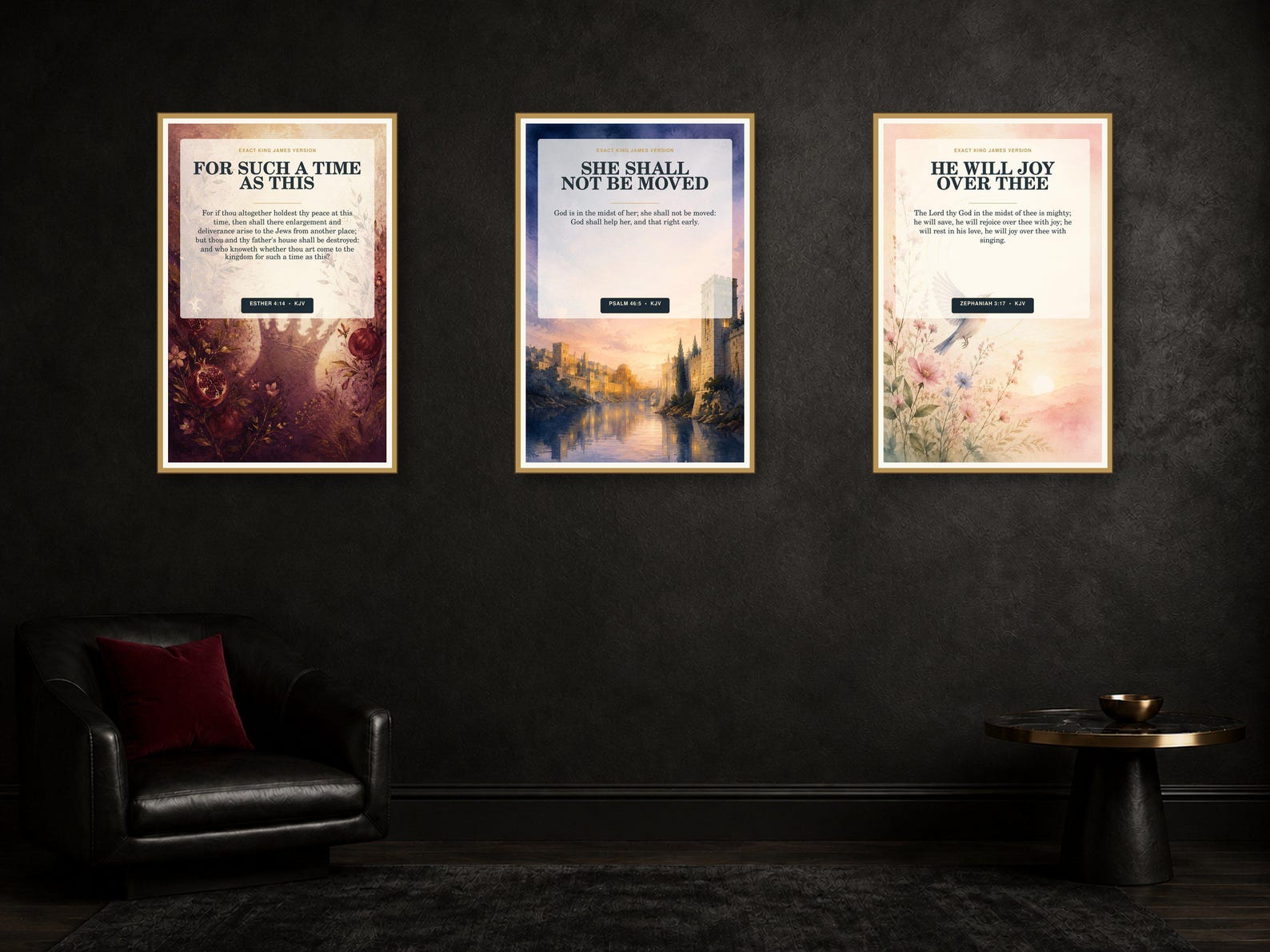 Women of Faith and Courage Wall Art Set of 3, KJV Prints showing all 3 included Christian printable designs.
