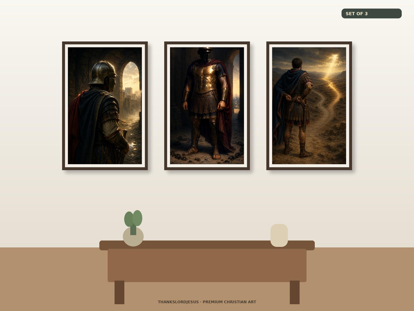 Clean airy hero gallery mockup for Salvation, Righteousness and Truth Set of 3, with all 3 designs clearly visible as a coordinated framed Armor of God collection.
