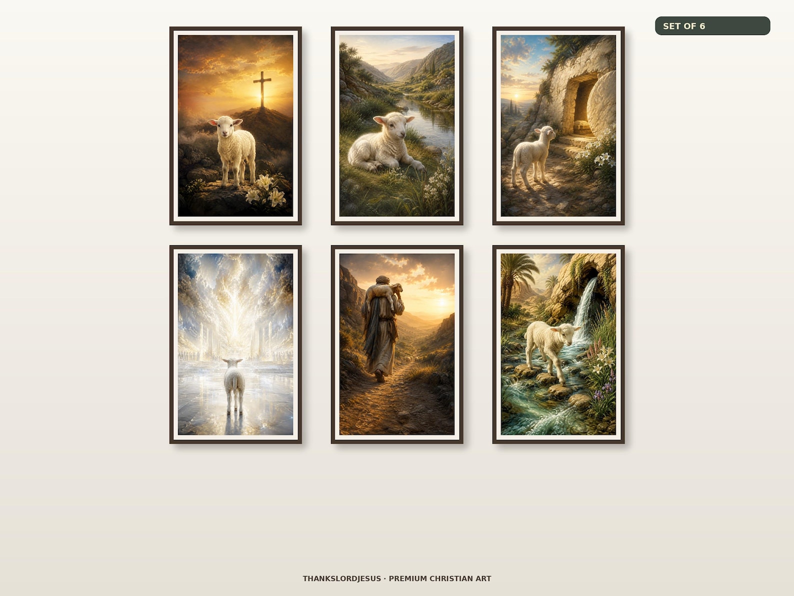 Clean airy hero gallery wall for Lamb of God Redemption and Renewal Premium Set of 6, with all 6 Lamb of God artworks fully visible and evenly spaced.