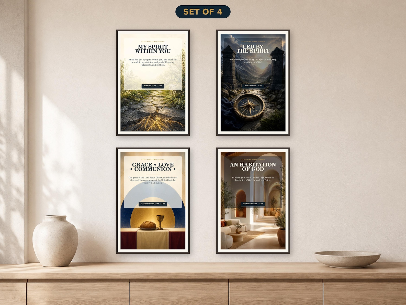Indwelling & Trinity • Set of 4 KJV Holy Spirit wall art set of four with an elegant home gallery uniting living path, compass pass, three-light communion, and illuminated house-temple compositions.