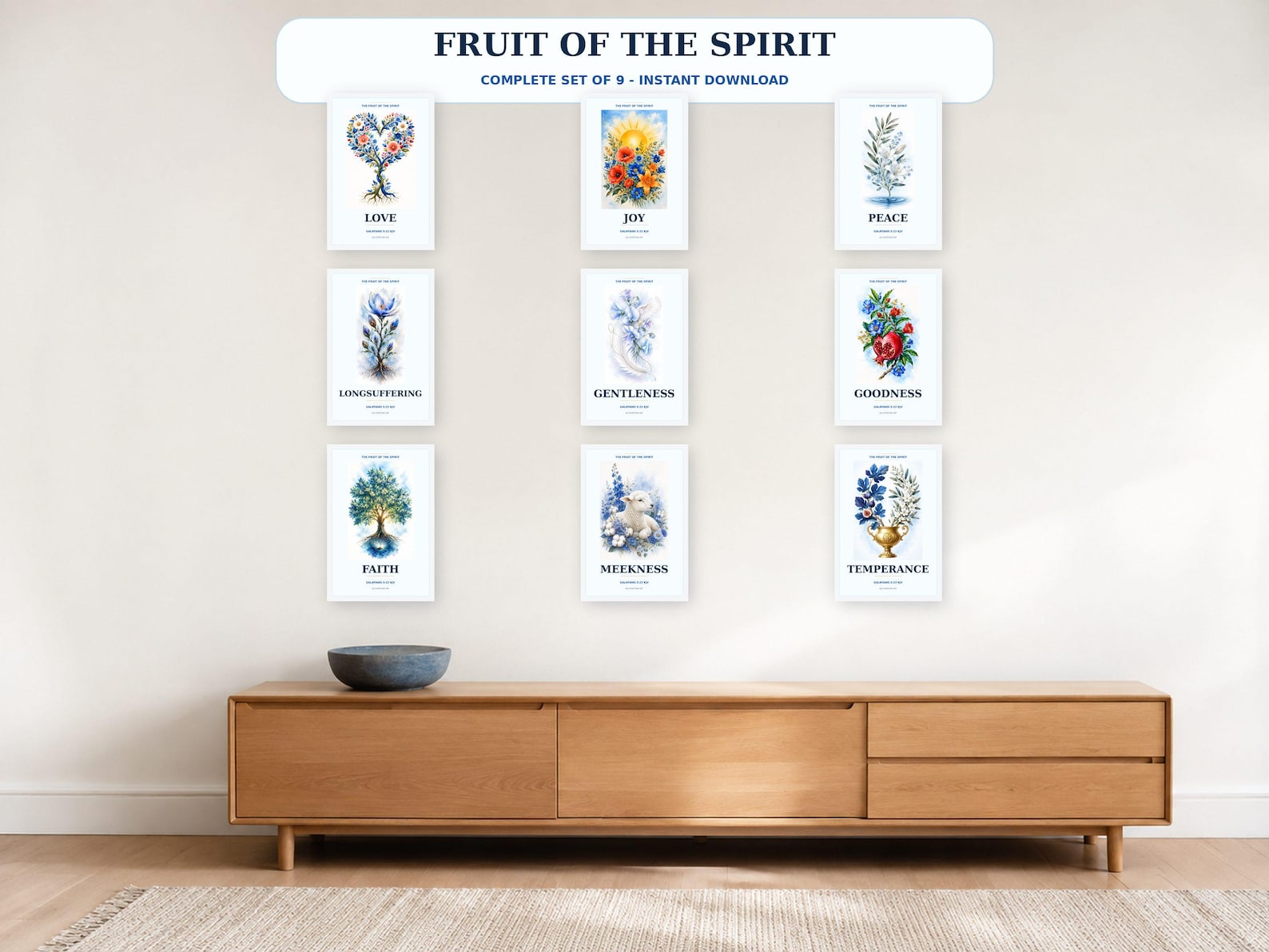 Fruit of the Spirit Complete Set of 9 Christian printable wall art Fruit of the Spirit Complete Set of 9, a Christian digital printable from the Fruits of the Spirit collection by Thanks Lord Jesus