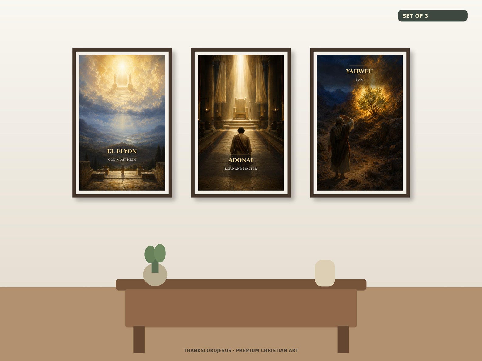 Neutral hero mockup for Most High Lord and I AM Names of God Set of 3, with all 3 coordinated Names of God artworks visible as the main focus.