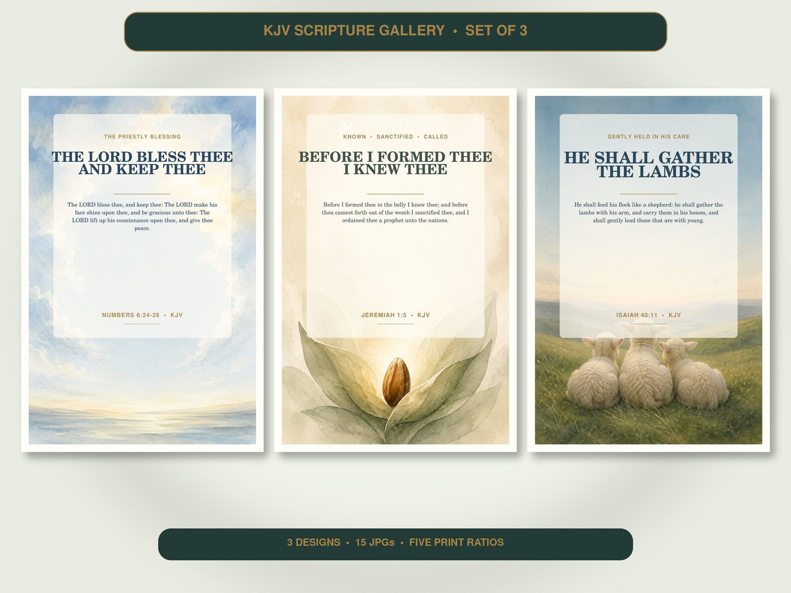 Christian Nursery Blessing Wall Art Set of 3, KJV Prints showing all 3 included Christian printable designs.
