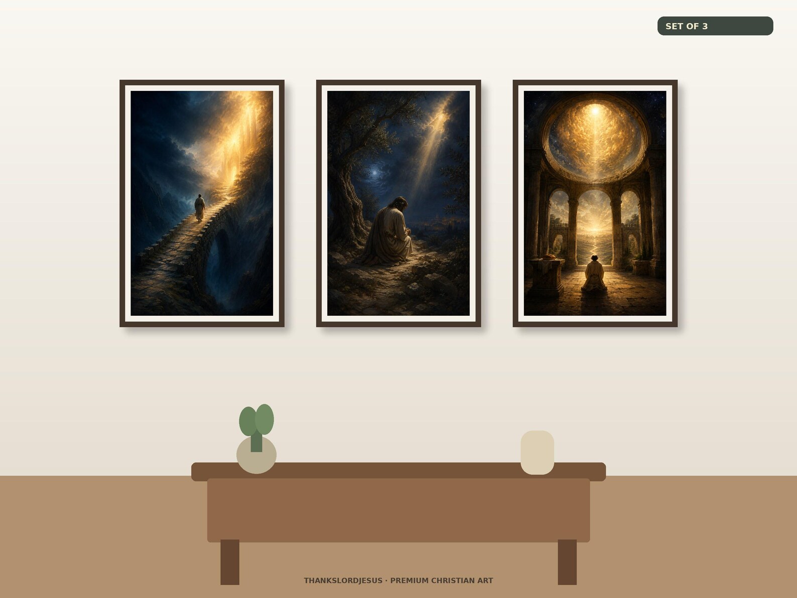 Clean airy hero mockup for Deliverance and Prayer Set of 3, with all 3 coordinated prayer designs fully visible on a premium neutral wall.