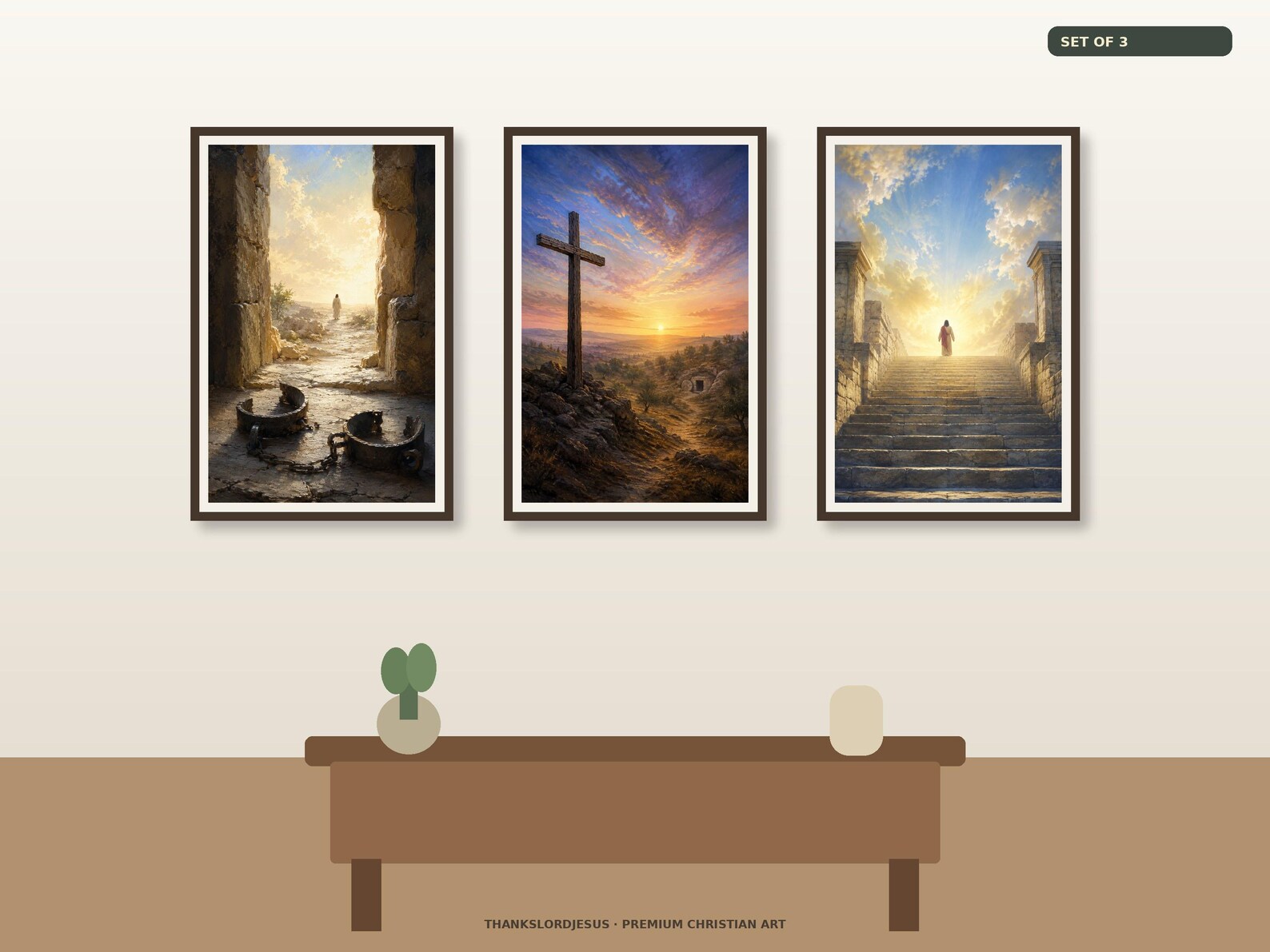 Clean gallery view of all 3 textless Resurrection and Victory Christian artworks included in Death Defeated Risen King Set of 3: Death Could Not Hold Him, The Cross and Empty Tomb, King Jesus Risen Lord.
