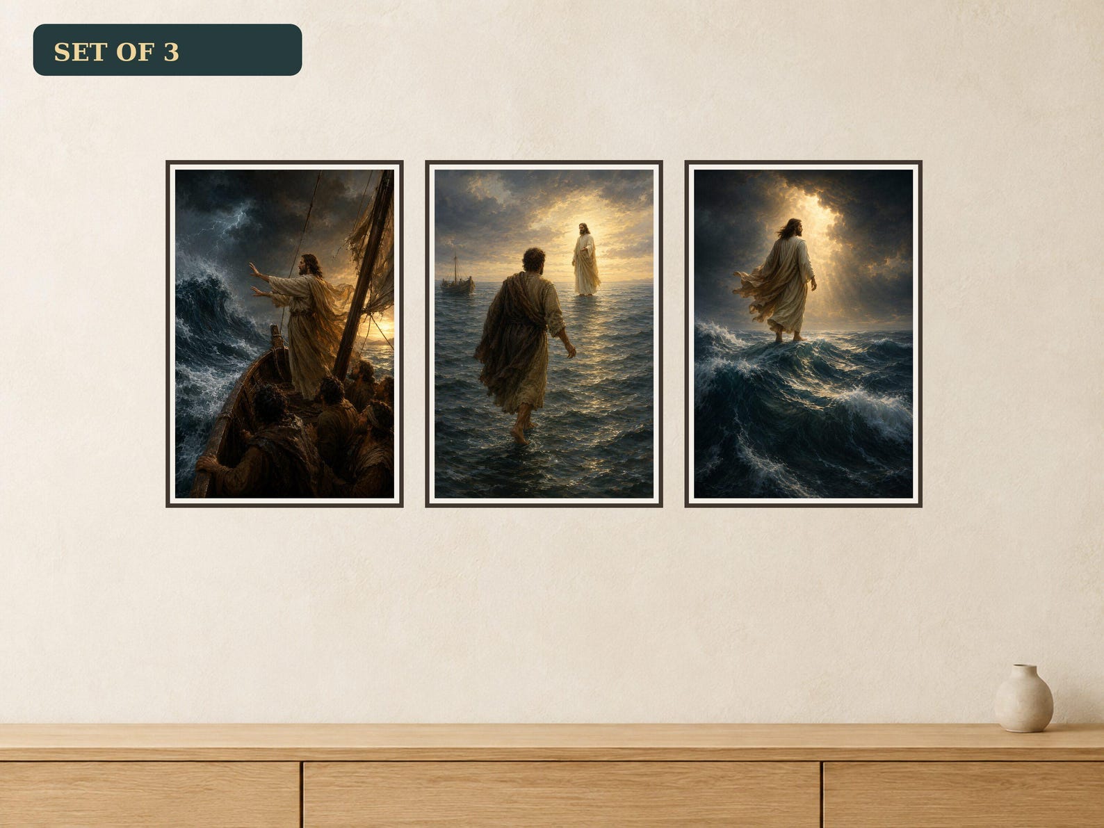 Jesus Over the Storm Set of 3 premium Christian wall art bundle displayed as a clean gallery with all 3 included artworks visible.