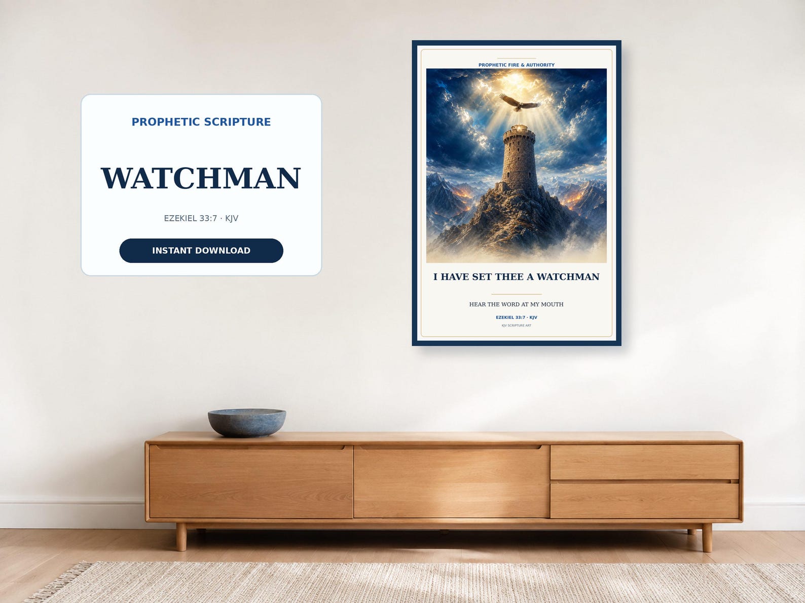 Framed Ezekiel 33:7 Watchman art with a stone tower, a bird overhead and Scripture text.