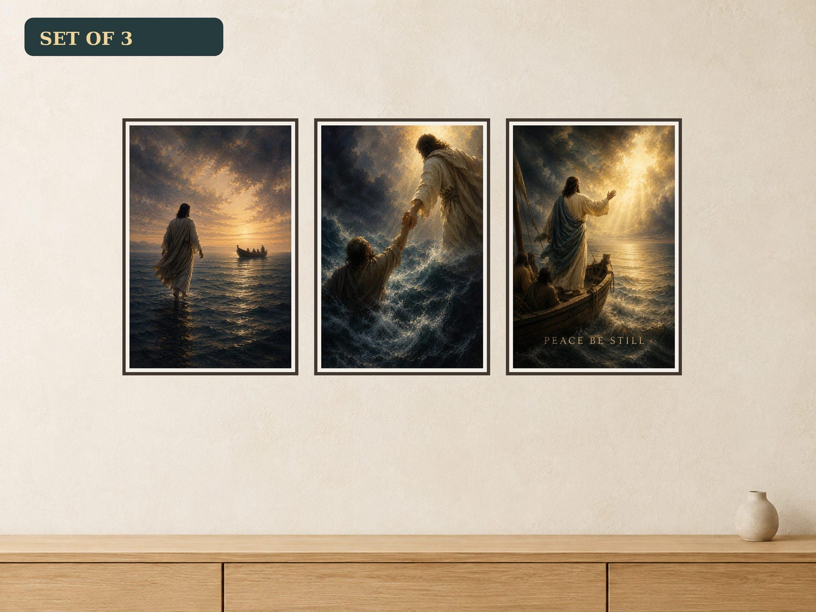 Walking on Water Faith Set of 3 premium Jesus wall art Walking on Water Faith Set of 3 premium Christian wall art bundle displayed as a clean gallery with all 3 included artworks visible.