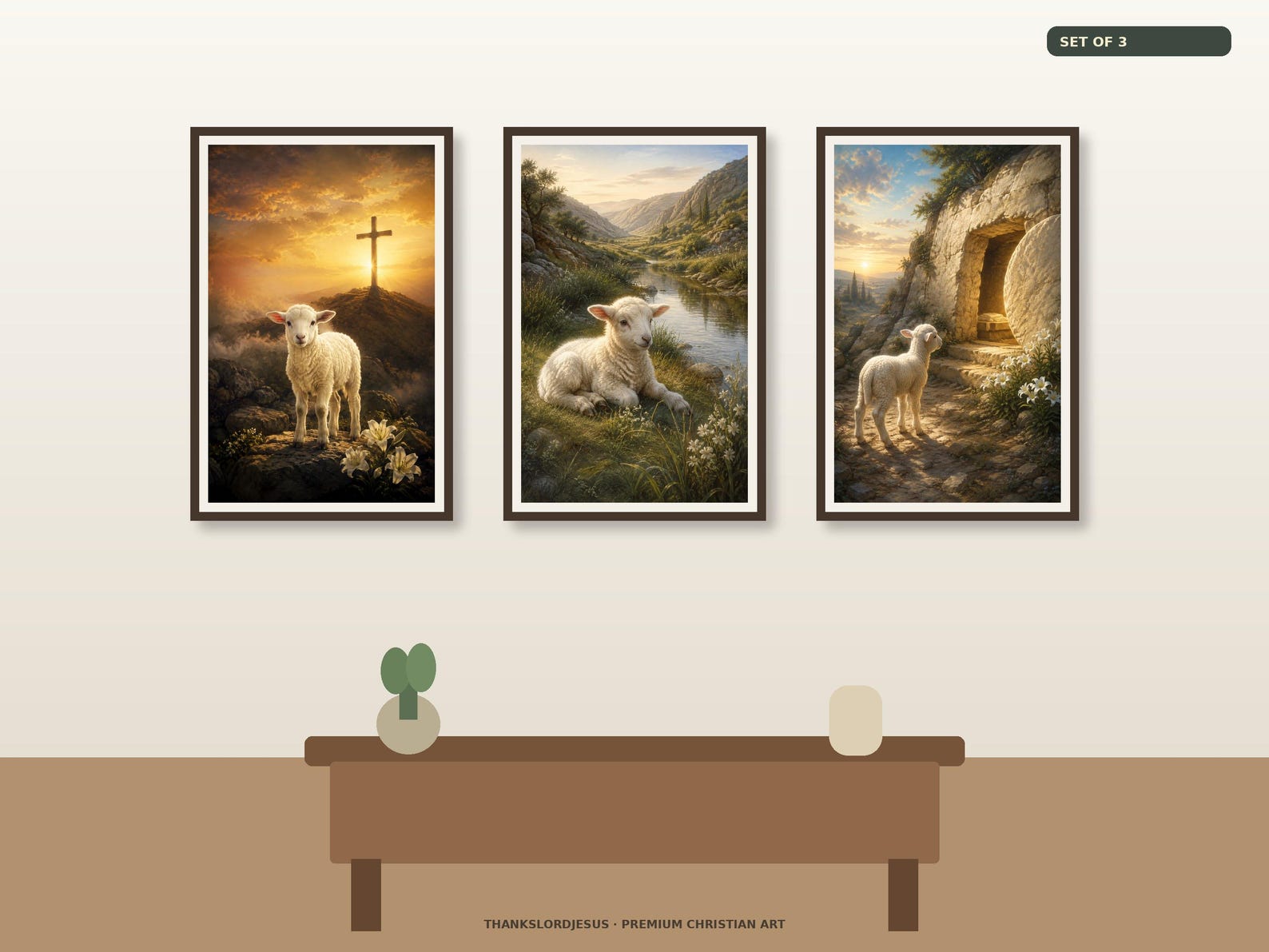 Cross Still Waters and Empty Tomb Set of 3 — Lamb of God Wall Art Neutral hero mockup for Cross Still Waters and Empty Tomb Set of 3, with all 3 coordinated Lamb of God artworks visible as the main focus.