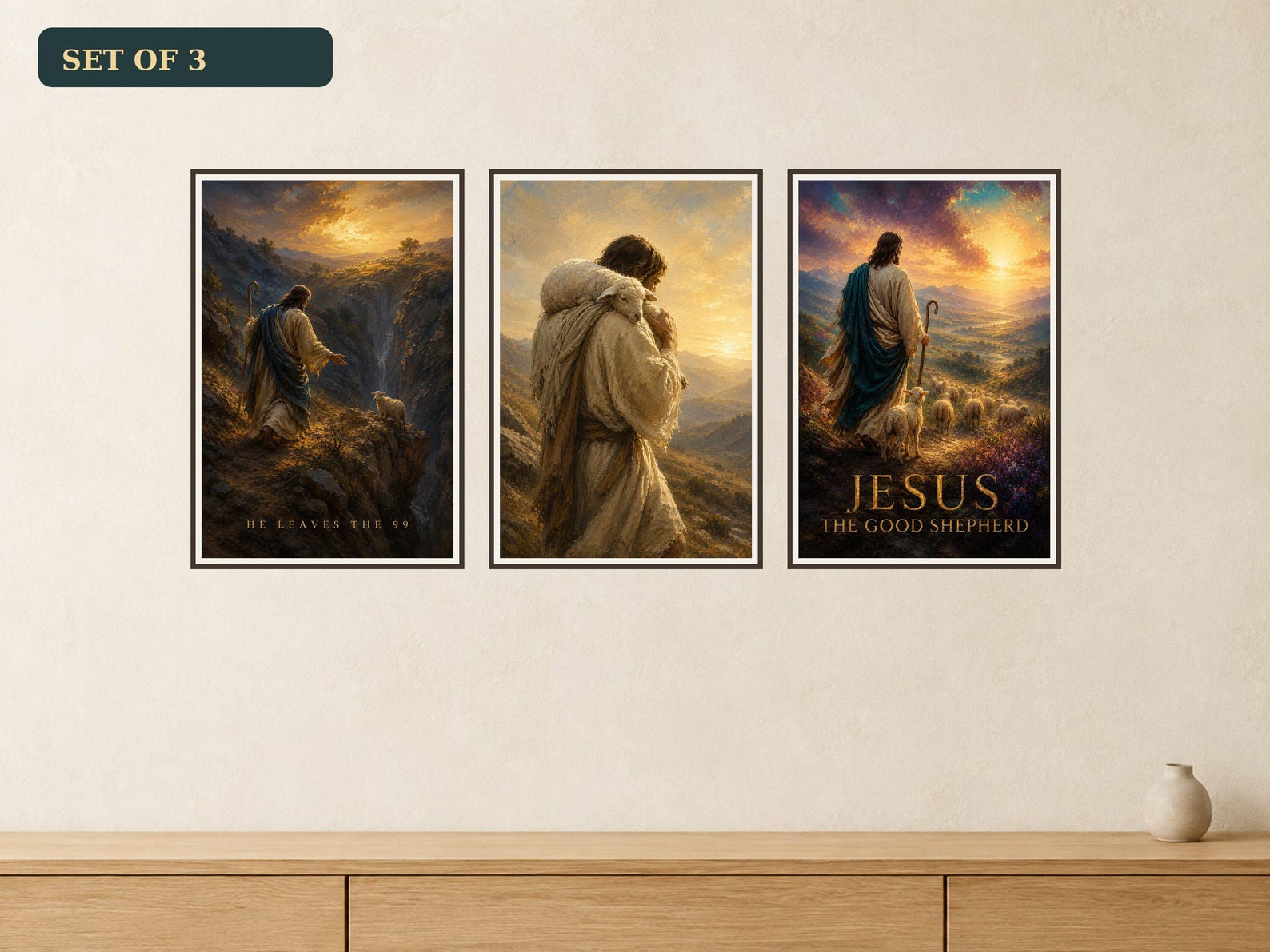 Shepherd Rescue Set of 3 premium Jesus wall art Shepherd Rescue Set of 3 premium Christian wall art bundle displayed as a clean gallery with all 3 included artworks visible.