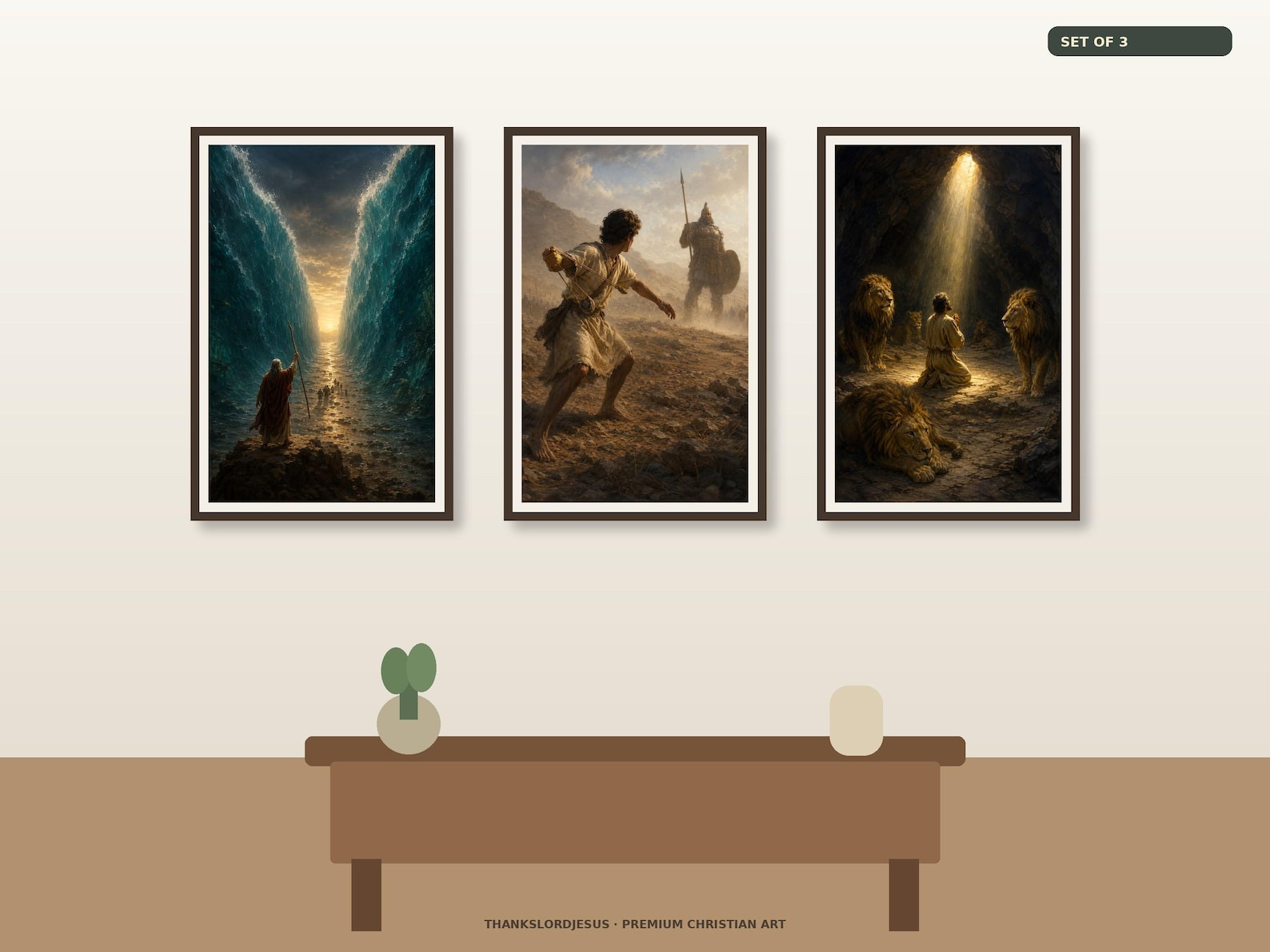 Clean airy hero mockup for Old Testament Faith Heroes Set of 3, with all 3 coordinated epic Bible story designs fully visible on a premium neutral wall.