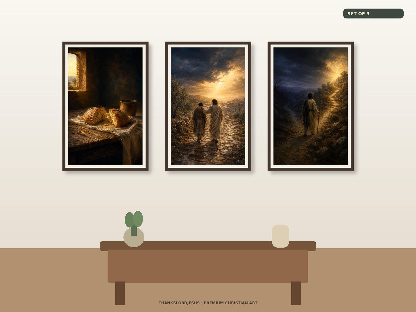 Clean airy hero mockup for Provision Forgiveness and Guidance Set of 3, with all 3 coordinated prayer designs fully visible on a premium neutral wall.