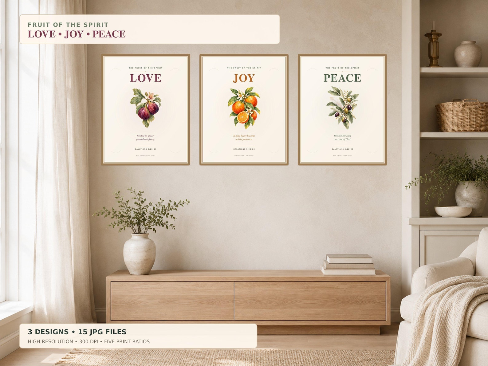 Love Joy Peace Printable Set, a Christian digital printable from the Fruits of the Spirit collection by Thanks Lord Jesus