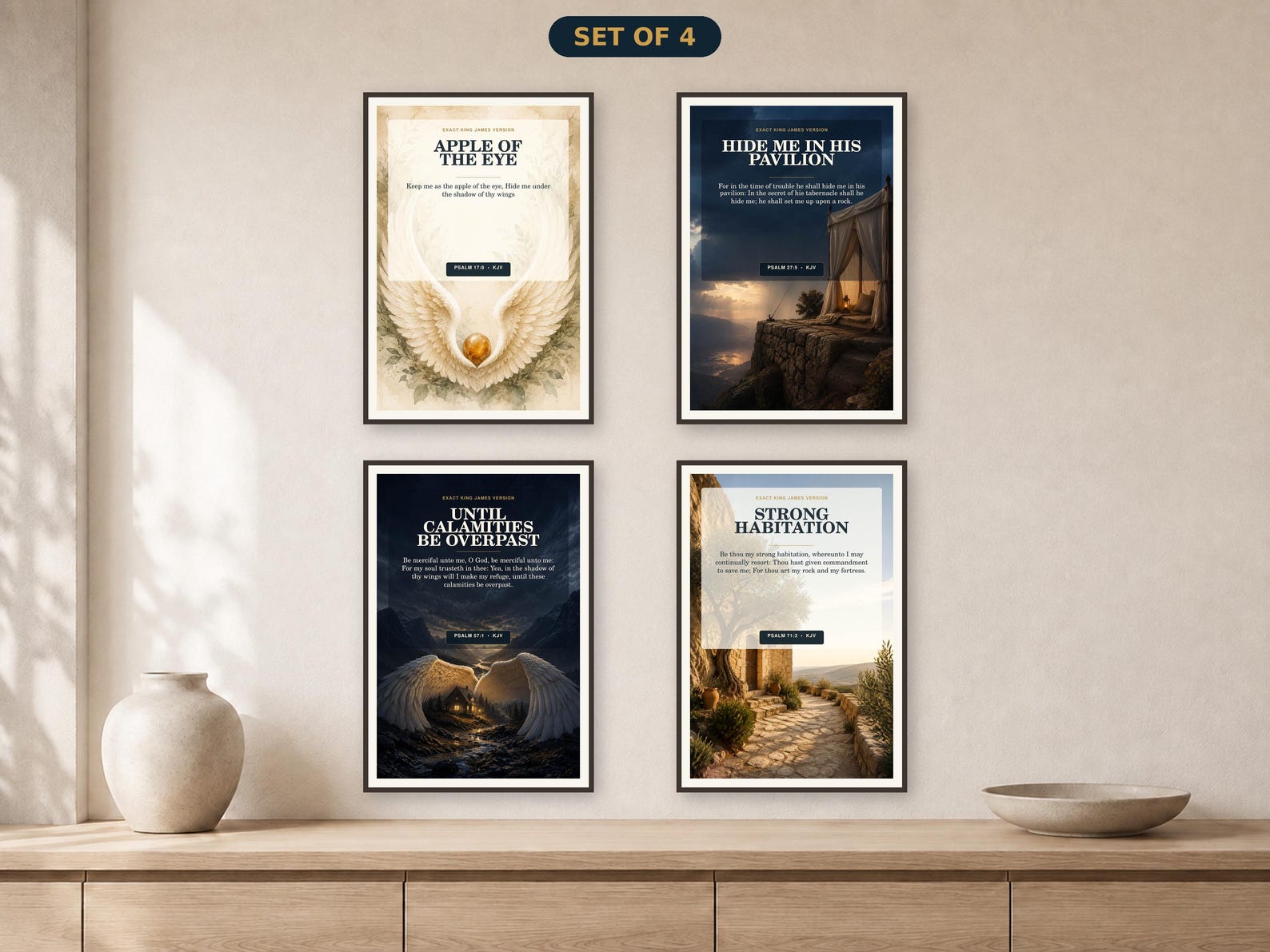 KJV Psalm shelter wall art set with 4 coordinated Christian printable designs