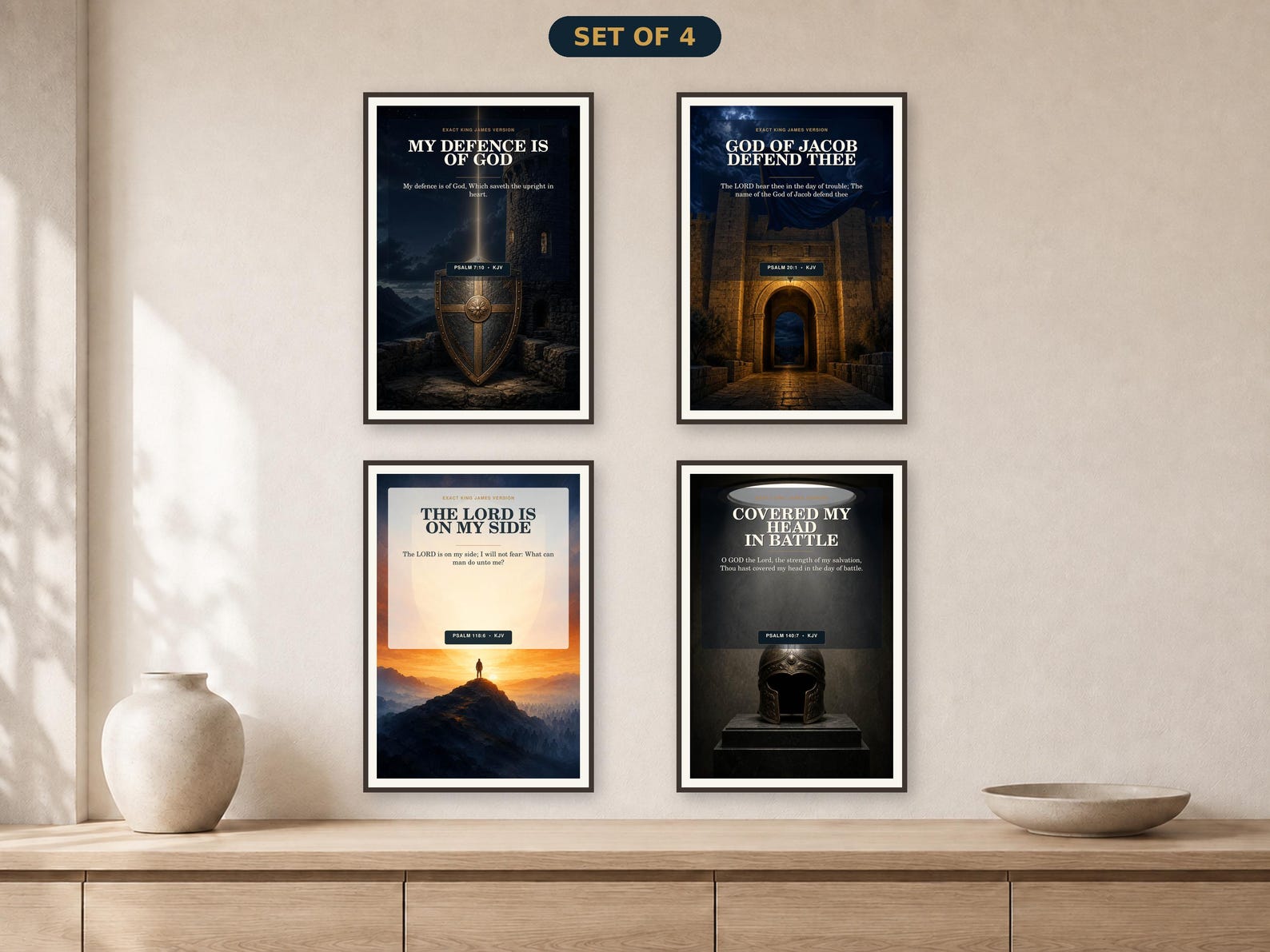 God My Defender Psalm Wall Art Set of 4, KJV Courage Bundle KJV God my defender Psalm wall art set with 4 coordinated Christian printable designs
