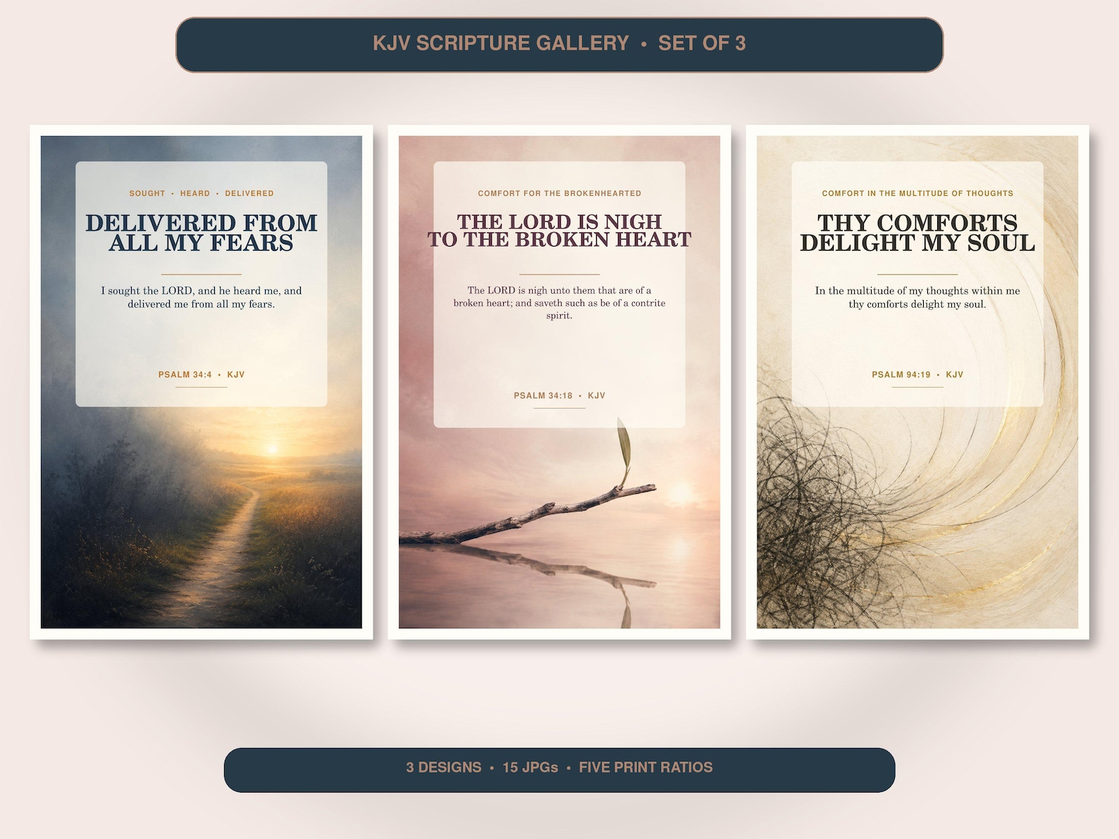 Fear and Anxiety Comfort Wall Art Set of 3, KJV Prints showing all 3 included Christian printable designs.