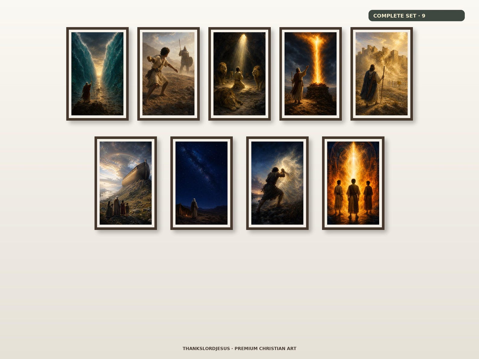 Clean airy hero mockup for Complete Epic Old Testament Bible Scenes Set of 9, with all 9 coordinated epic Bible story designs fully visible on a premium neutral wall.