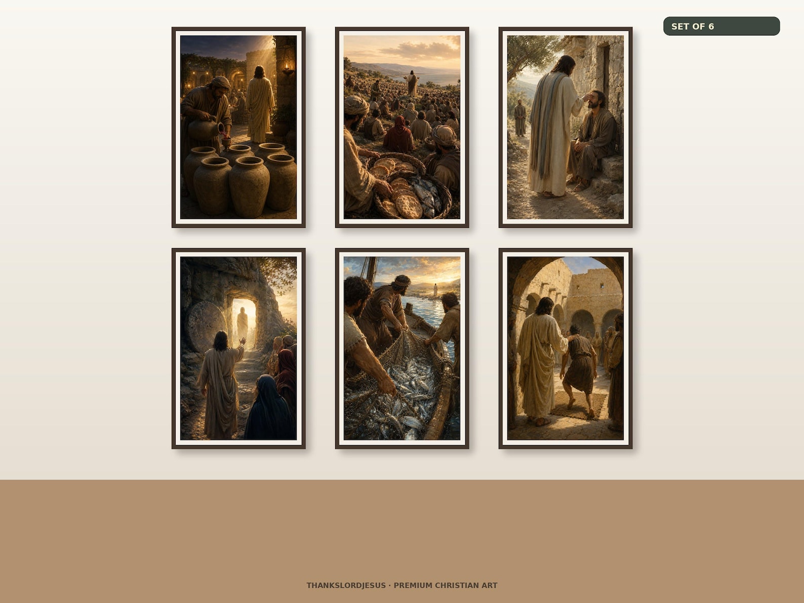 Clean airy hero gallery mockup for Miracles of Jesus Essential Set of 6, with all 6 framed Gospel scenes clearly visible as a coordinated premium Christian collection.