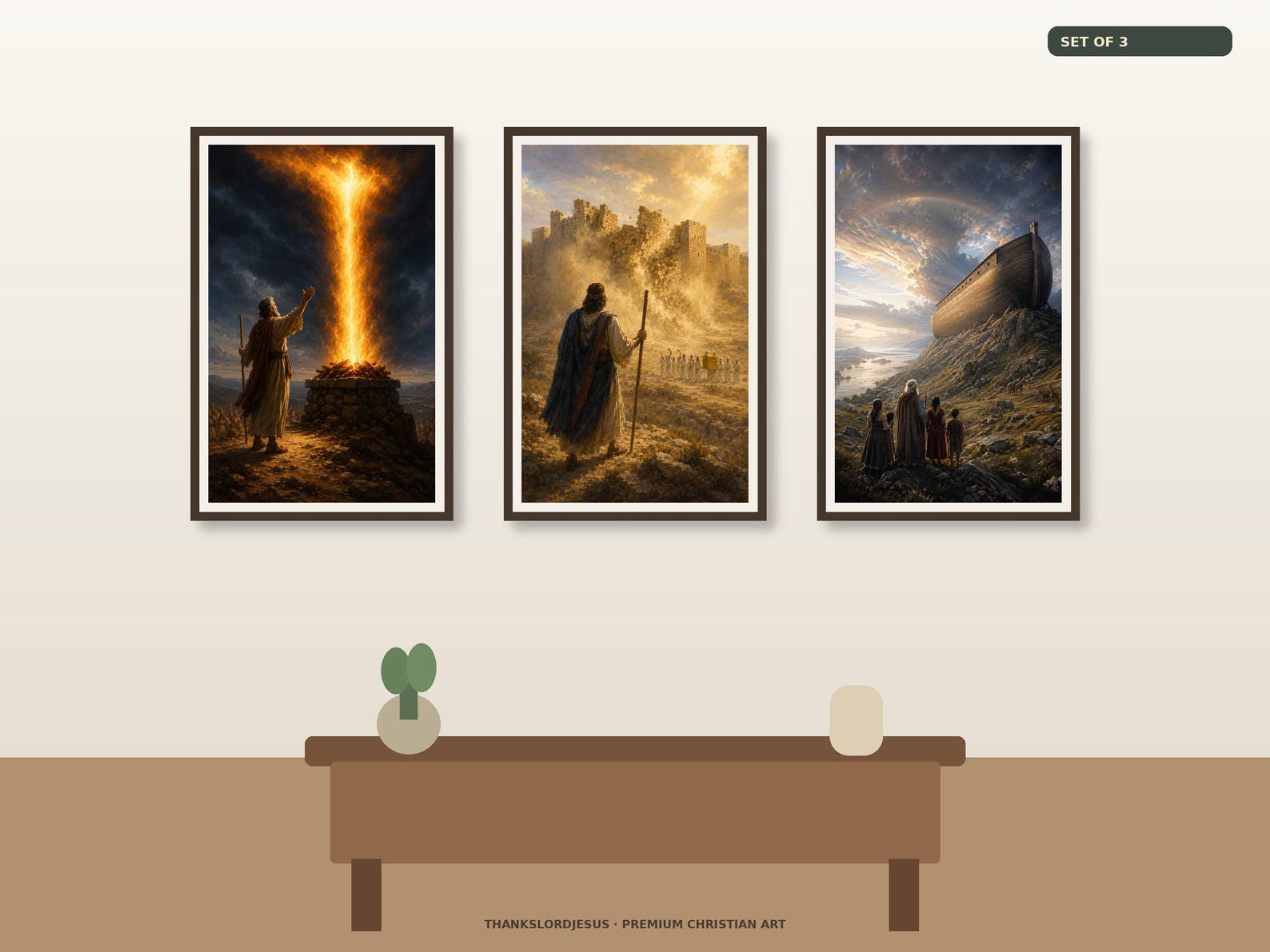 Clean airy hero mockup for Old Testament Power and Promise Set of 3, with all 3 coordinated epic Bible story designs fully visible on a premium neutral wall.