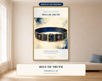 Belt of Truth Wall Art, Ephesians 6:14 KJV Printable, Armor of God Christian Decor, Blue Gold Scripture Art