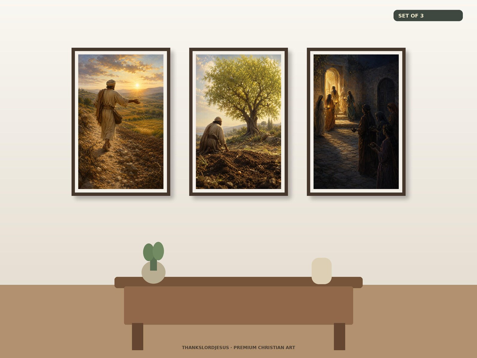 Clean airy hero mockup for Seeds and Readiness Parables Set of 3, with all 3 coordinated designs fully visible on a premium neutral wall.