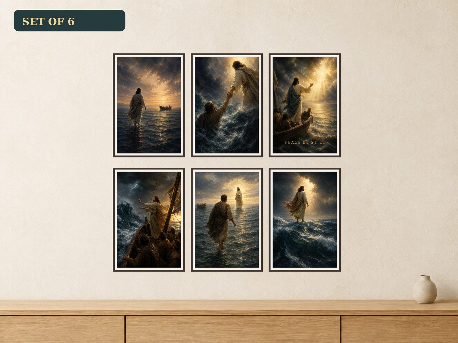 Walking on Water and Storm Set of 6 premium Christian wall art bundle displayed as a clean gallery with all 6 included artworks visible.