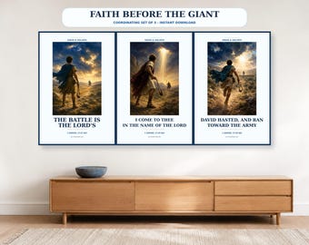 Faith Before the Giant Set of 3, David and Goliath Printable Wall Art, 1 Samuel 17 KJV Christian Decor Bundle