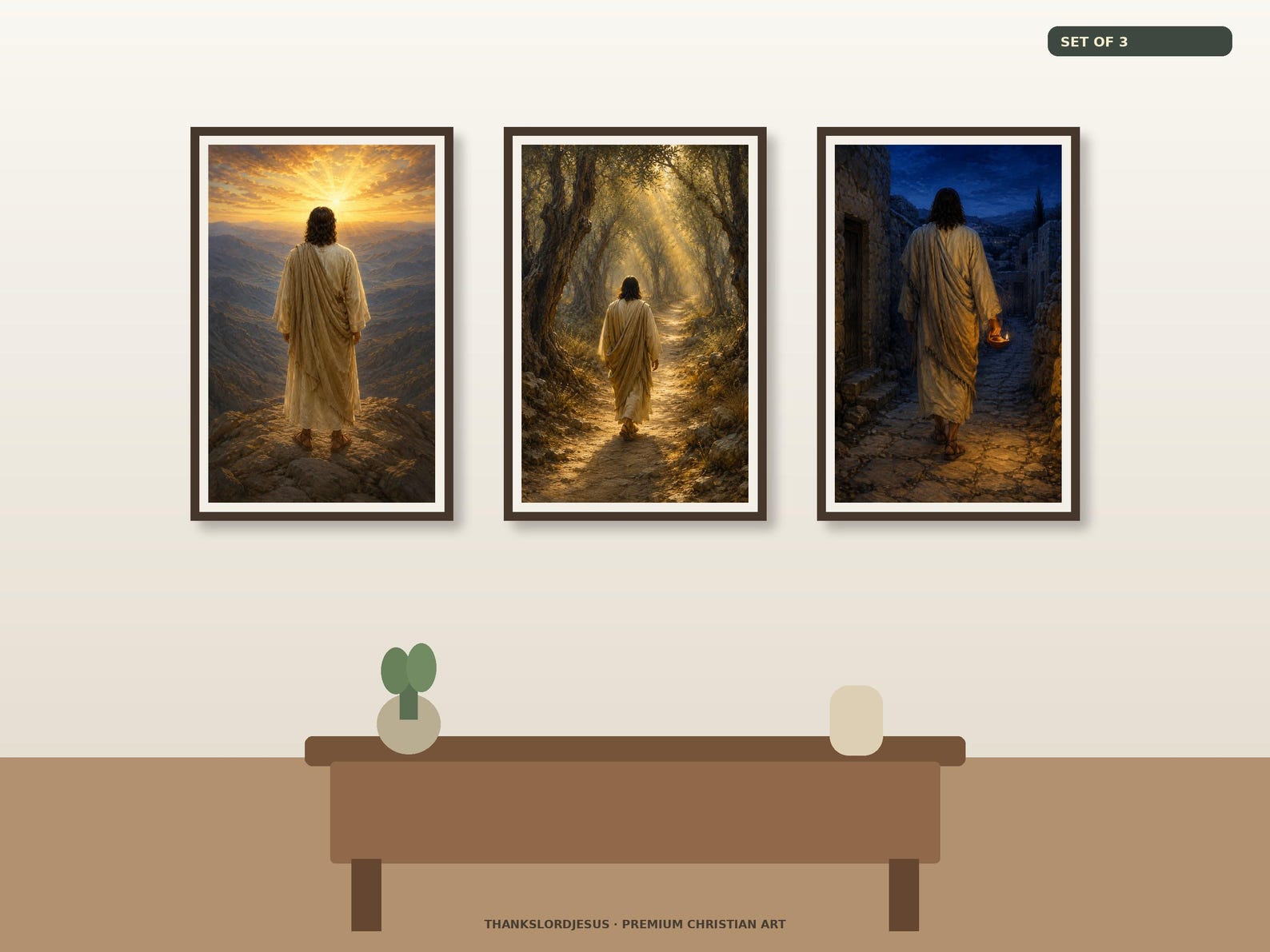 Light of the World Golden Radiance Set of 3 premium Jesus wall art Light of the World Golden Radiance Set of 3 premium Christian wall art bundle displayed as a clean gallery with all 3 included artworks visible.