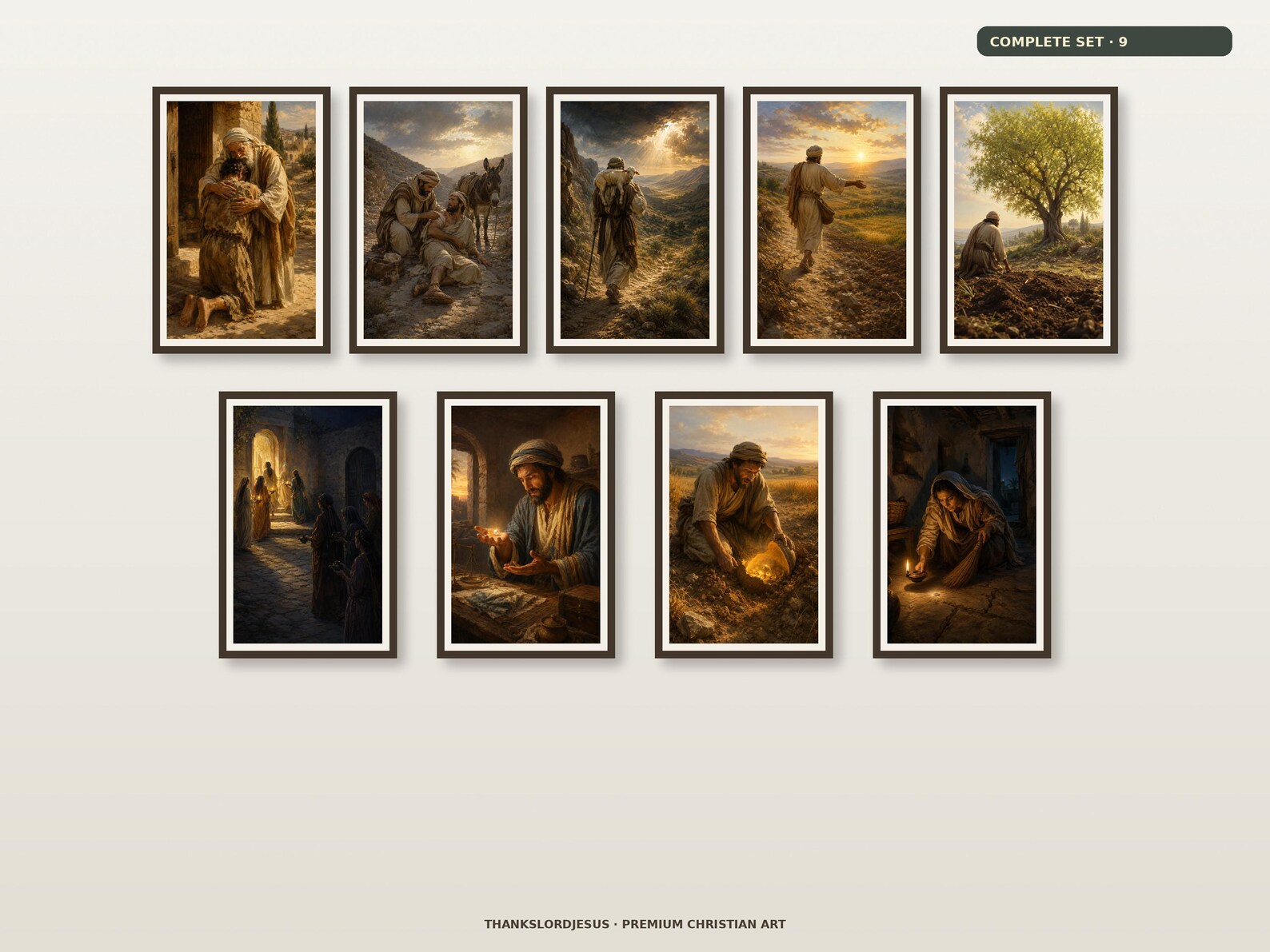 Clean airy hero mockup for Complete Parables of Jesus Premium Set of 9, with all 9 coordinated designs fully visible on a premium neutral wall.