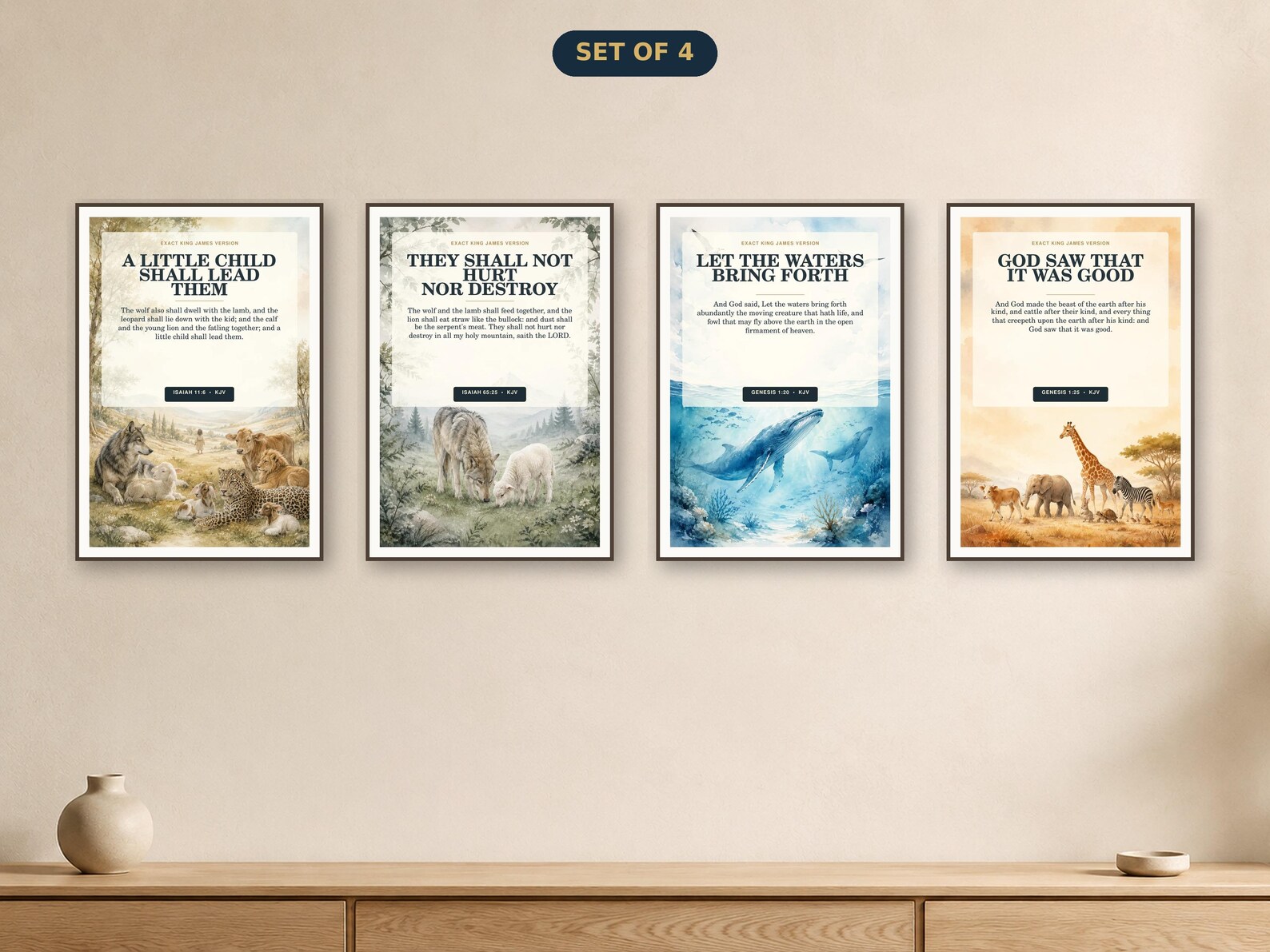 Creation Animals • Set of 4 KJV Christian nursery wall art set of four using the actual component designs.