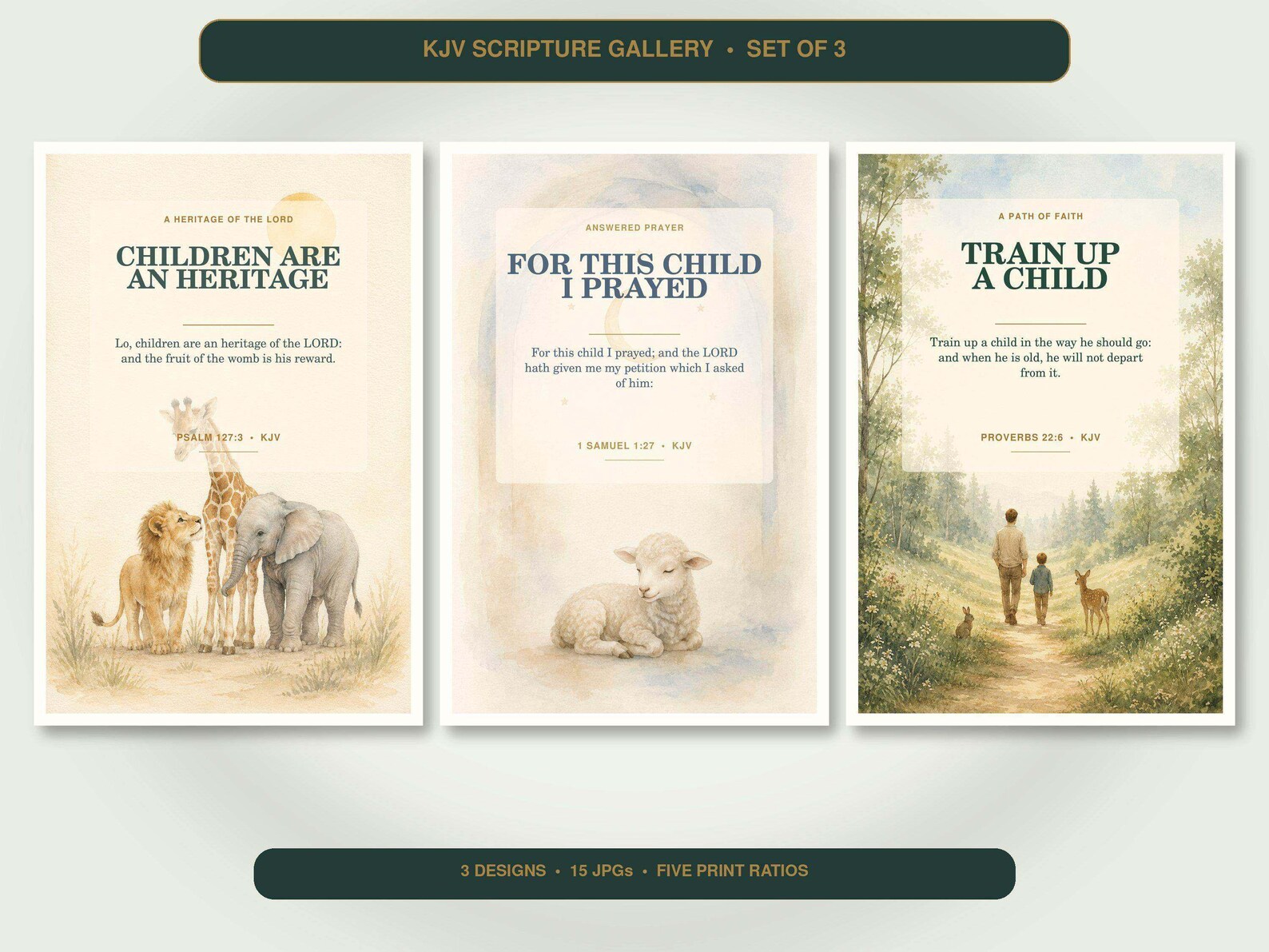 Christian Nursery Wall Art Set of 3, KJV Kids Printables showing all 3 included Christian printable designs.