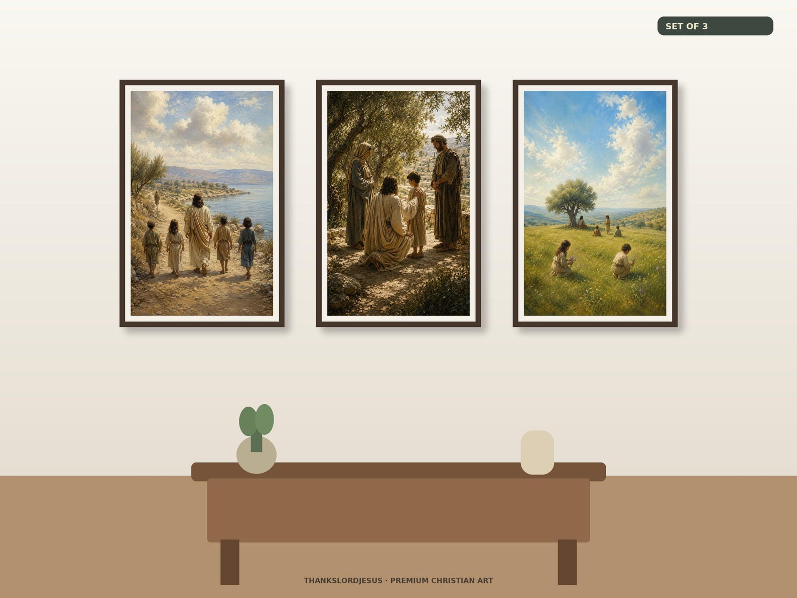 Clean airy hero gallery mockup for Jesus Walks and Blesses Children Set of 3, with all 3 designs clearly visible as a coordinated framed collection.